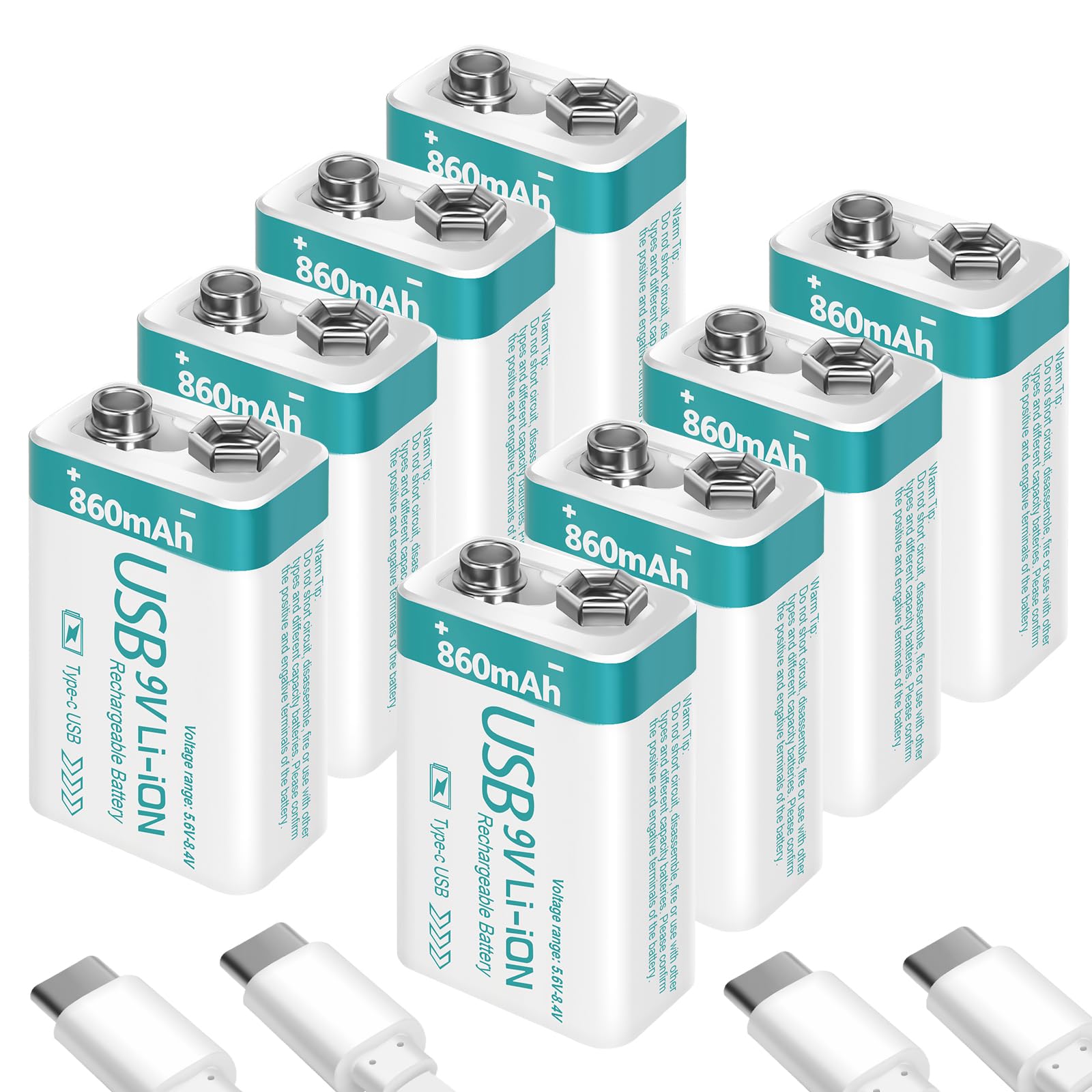 Rechargeable 9V Lithium USB Battery 860mAh with 4 in 1 Charge Cable, 9 Volt Batteries 6f22 for Smoke Detector Alarms (8 Pack)