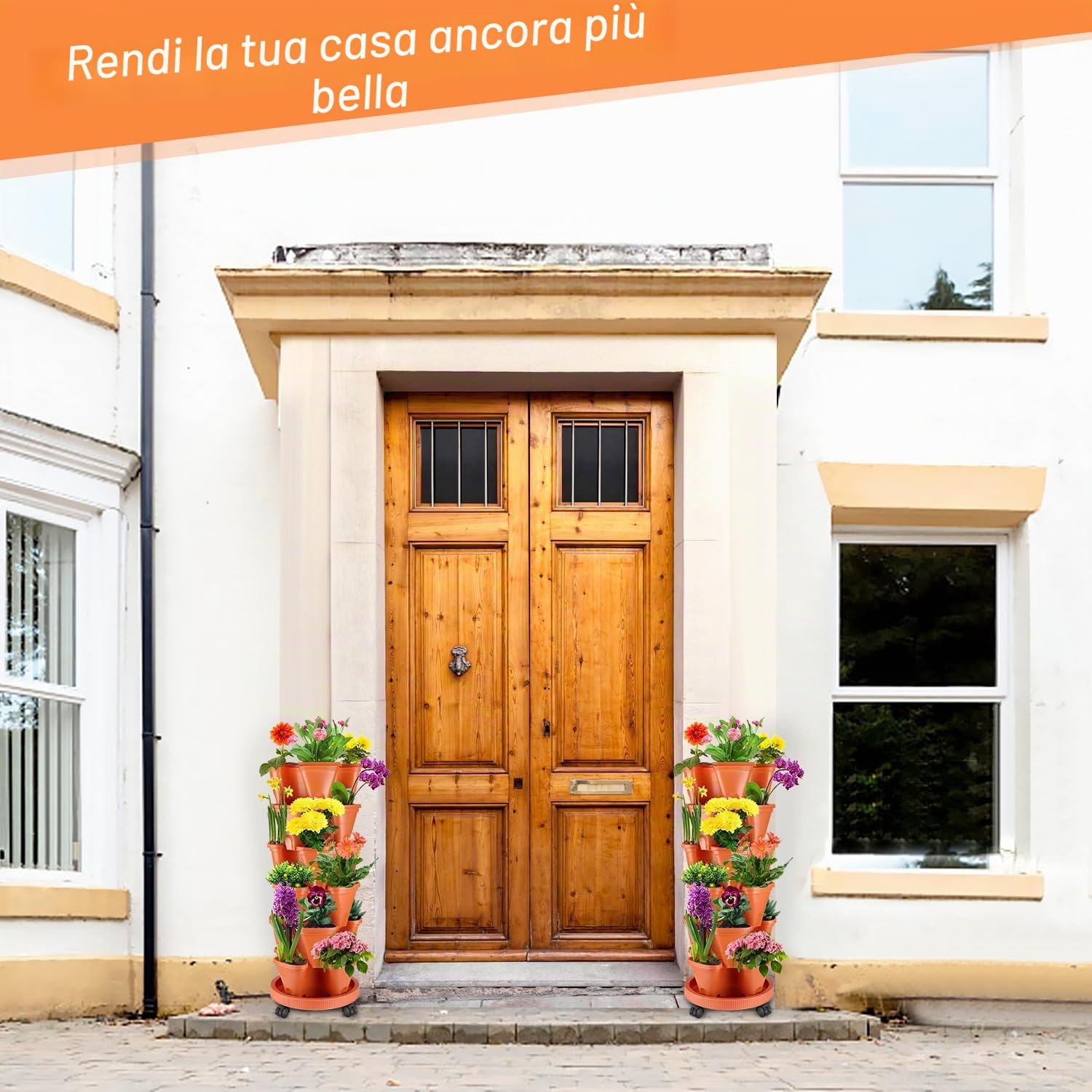 WADEO Fioriera Impilabile per Fragole Verticale 6 Livelli, Vaso Multistrato con Ruote, Fioriera Verticale per Interno ed Esterno, Balcone, Cucina, Soggiorno (Arancia)