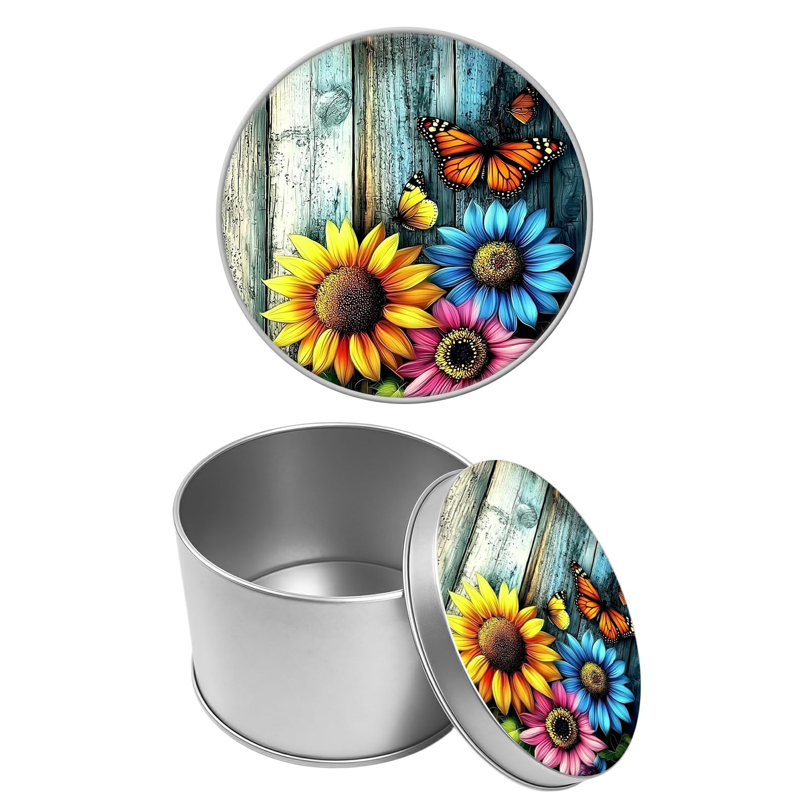 Round Metal Tin Container with Removable Lid, Sunflowers Wood Durable Metal Storage Box for Cookies Spices Tea Candies Cakes Jewelry Cosmetics 3.54 x 2.36 inch– Single Pack