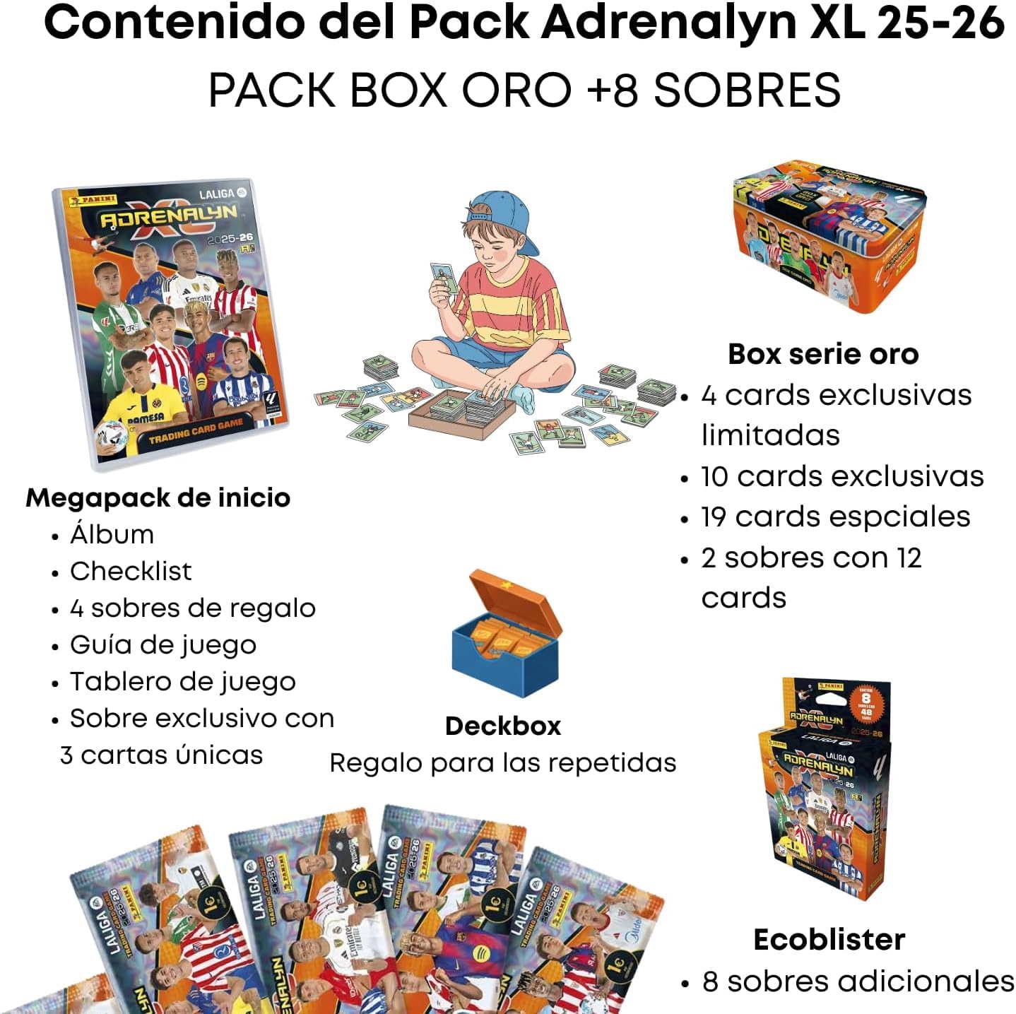 PANINI ADRENALYN XL 25/26 Pack Serie Oro con Deck Box de Regalo, Cartas Coleccionables Fútbol, Incluye Megapack, Box Serie Oro y 8 Sobres