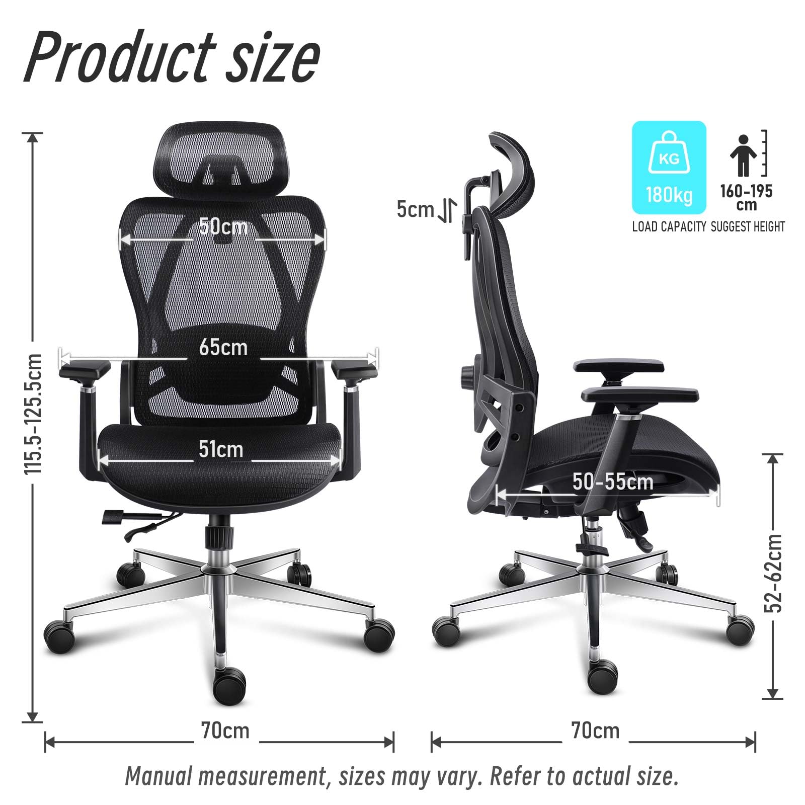 Ergonomiczne Krzesło Biurowe z Podłokietnikami 3D, Regulacją Głębokości Siedzenia i Wsparciem Lędźwi, Obrotowe Krzesło Komputerowe do Biura i Domu, Czarny