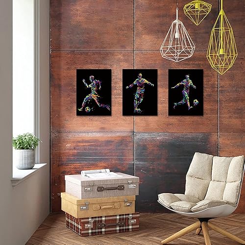 Miniatura 4 de VANSEEING Lienzo deportivo de 3 piezas para la pared de la habitación de los niños, balón de fútbol, silueta de partículas, póster, impresión