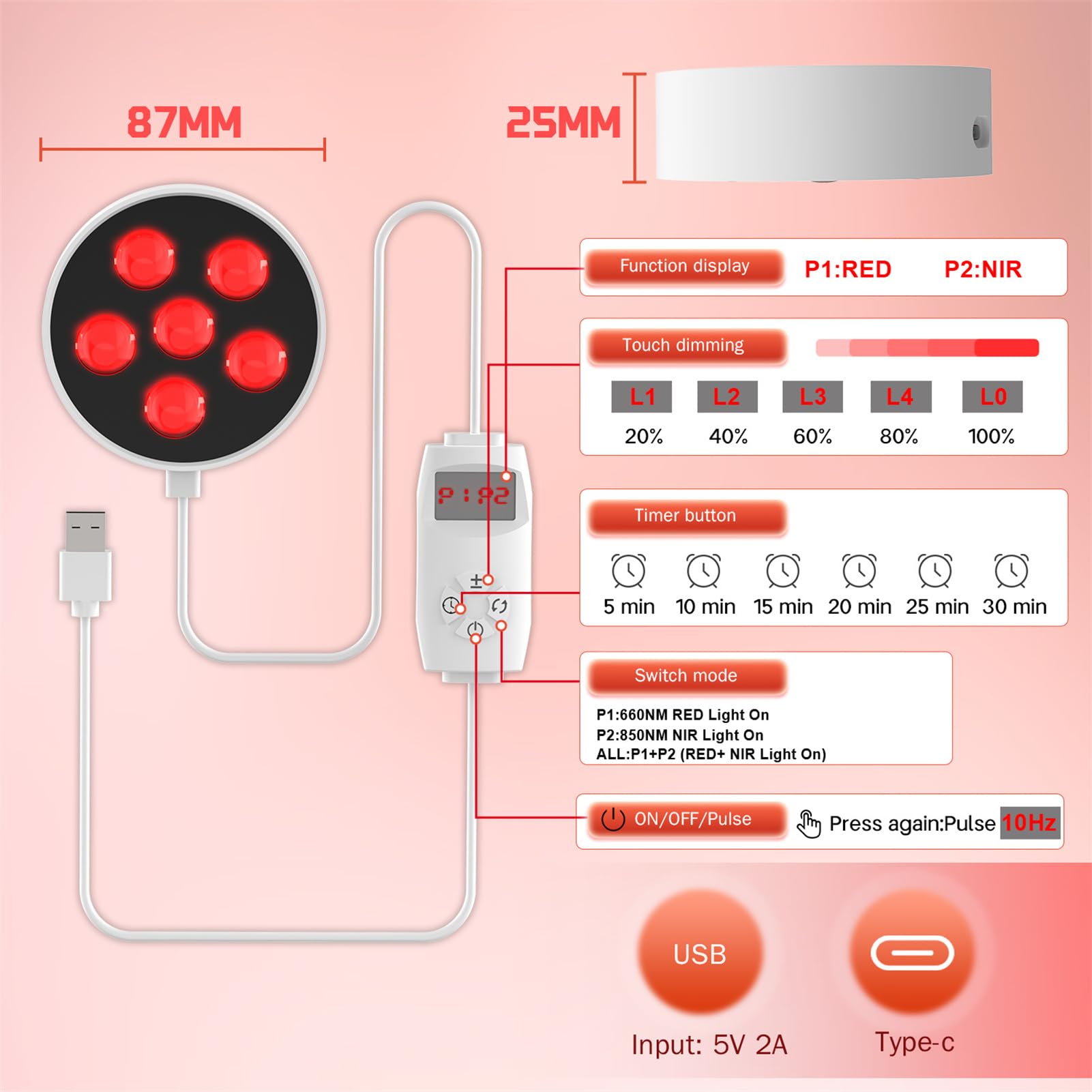 Przenośna terapia czerwonego światła, 6 podwójnych diod LED migotania panel kliniczny, 660 nm 850 nm w bliskiej podczerwieni światło, 5-30 minut, dla ciała, twarzy