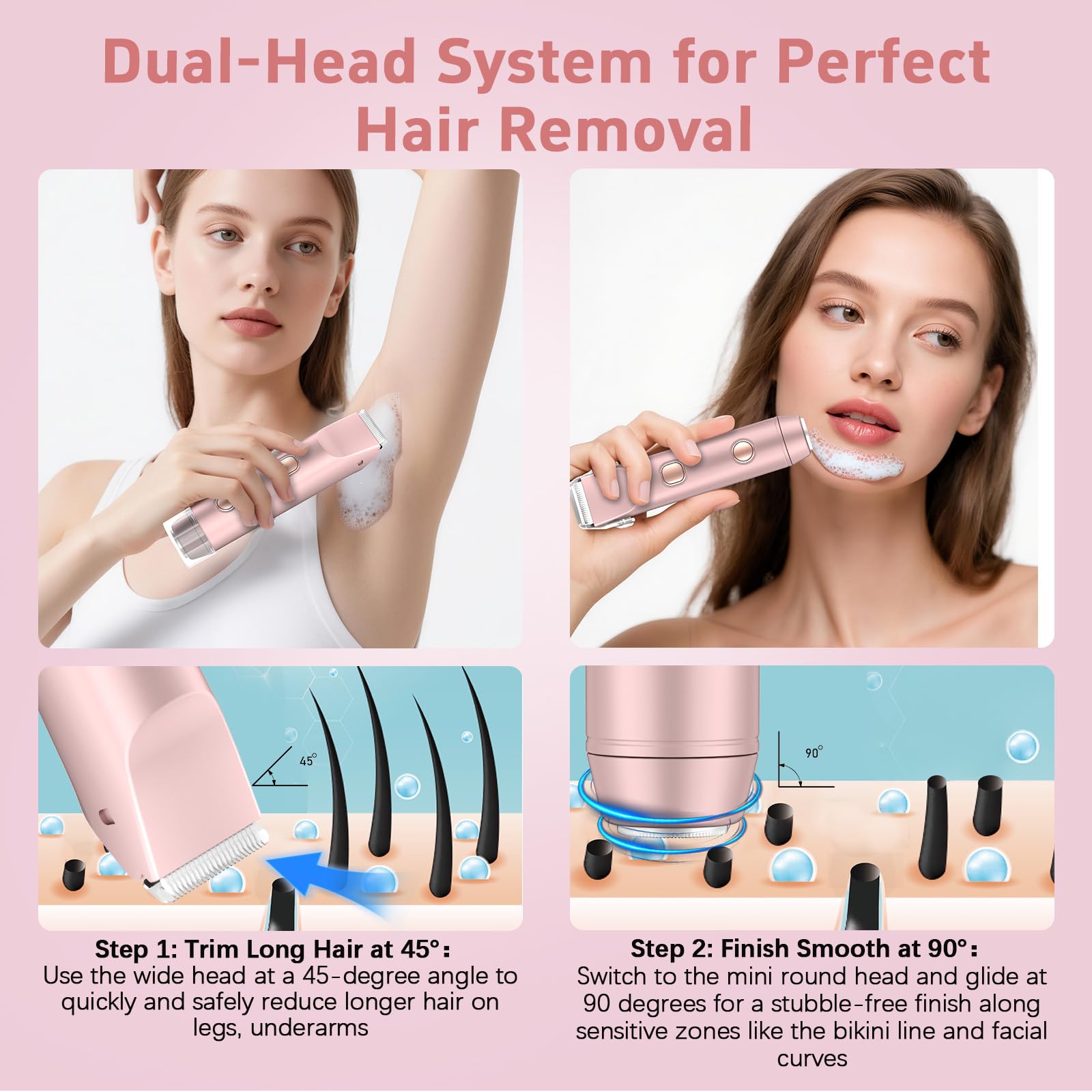 AOMEES Rasierer Damen, 2-in-1 Intimrasierer für Frauen, IPX7 Wasserdicht, Kabellos & Wiederaufladbar, Sanfter Trimmer für Gesicht, Körper & Bikinizone, Geschenk für Frauen (Rosa, Standard)