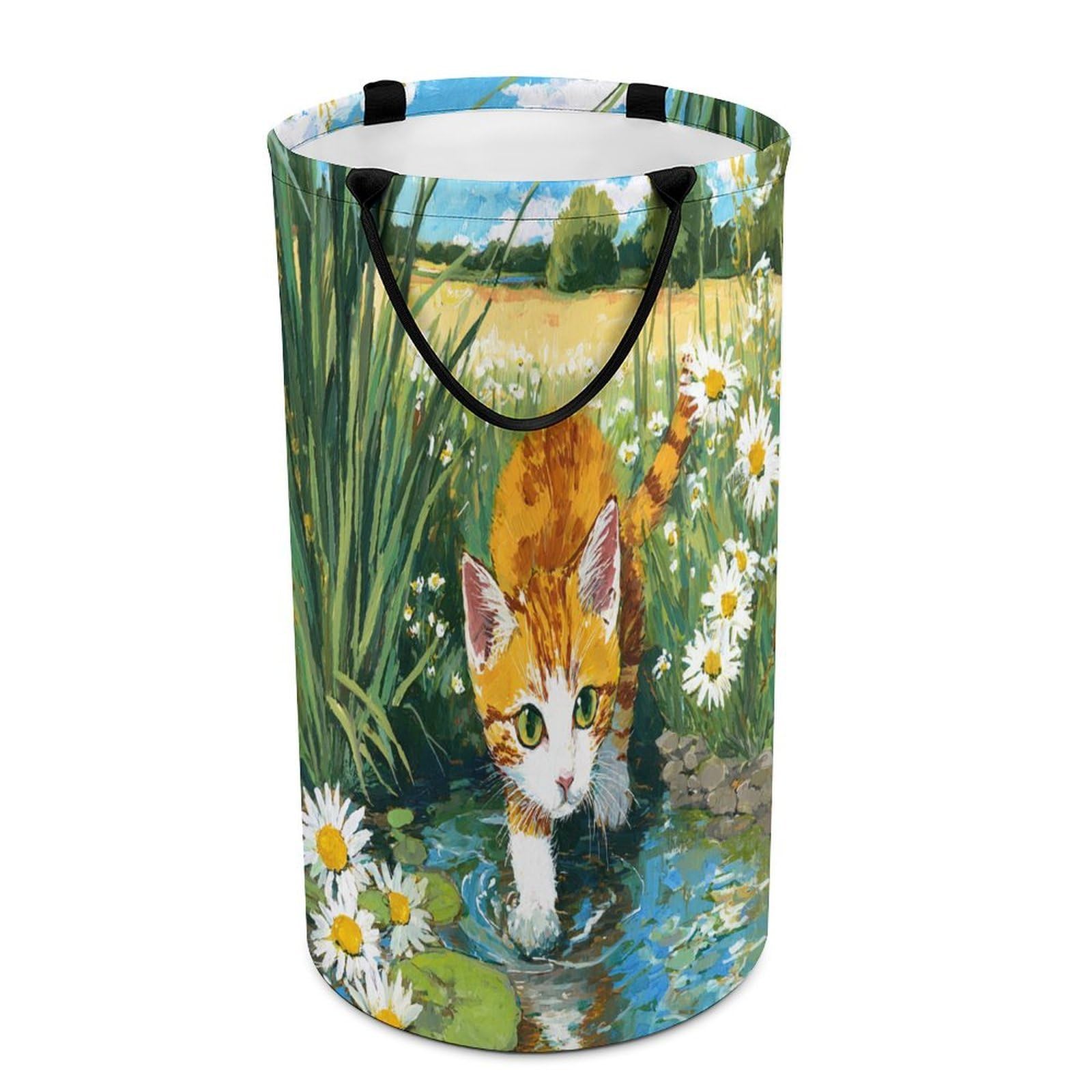 LUYYSKY Beautiful Realistic Cute Cat Collapsible Dirty Clothes Basket, Classic Funny Botanical Daisies Flowers Animal Kitten Pattern Portable Clothes Storage Basket