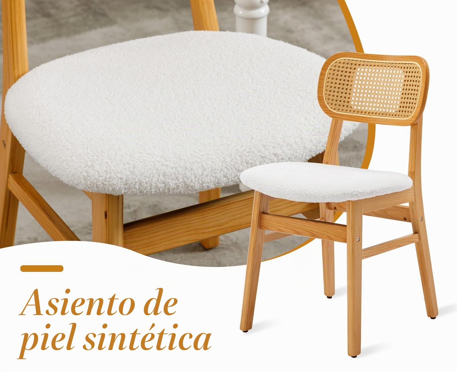 chairus Juego 2 de Sillas de Comedor Madera Maciza Sillas de Cocina con Respaldo Ratán, Sillas Rústica Tapizado en Lana Sintética para Restaurante/Cafetería, Beige