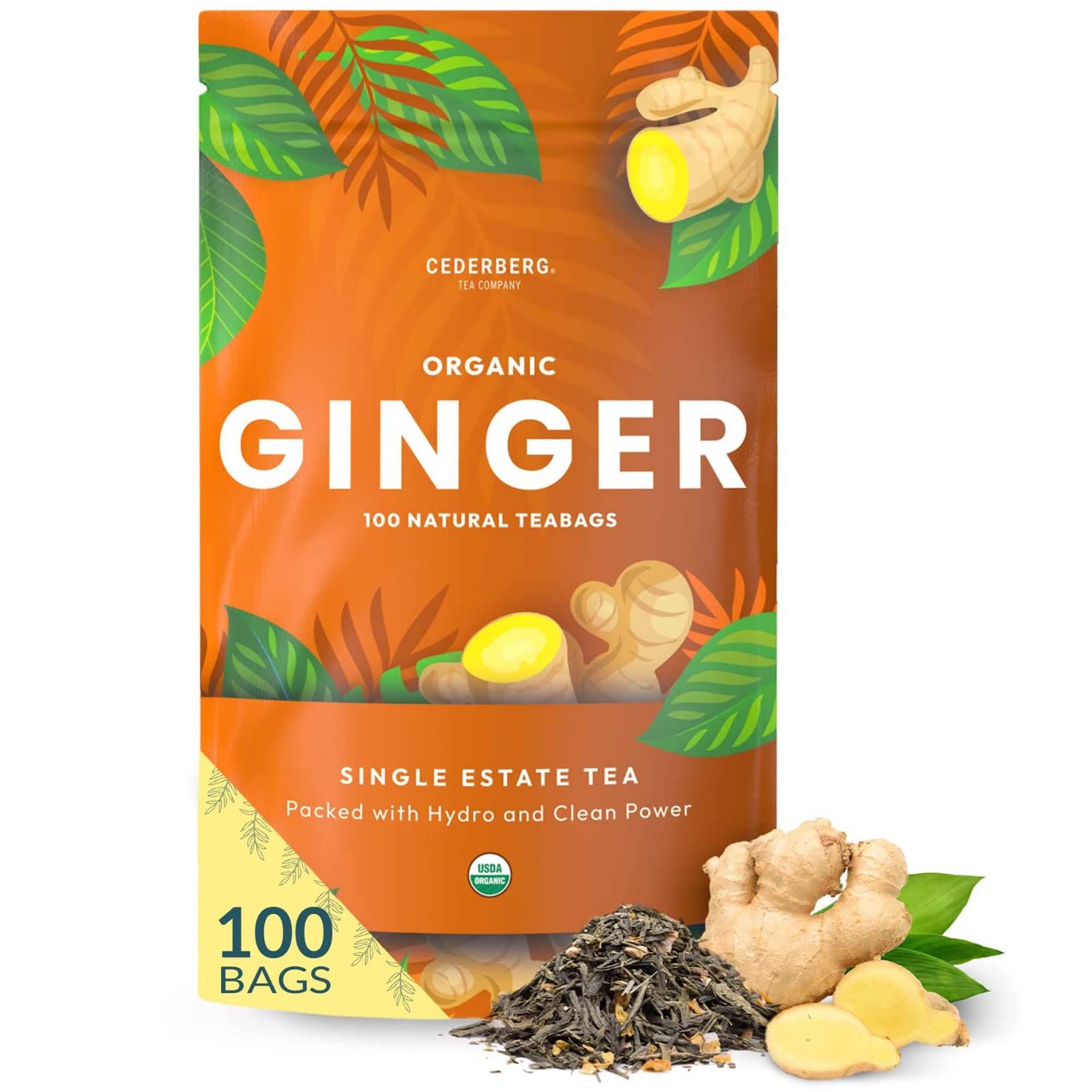 Organic Ginger Tea — 100 Tea Bags | Organic Herbal Tea From Single Origin | Eco-Friendly | Non-GMO Caffeine Free | Cederberg Tea Company.USDA Organic