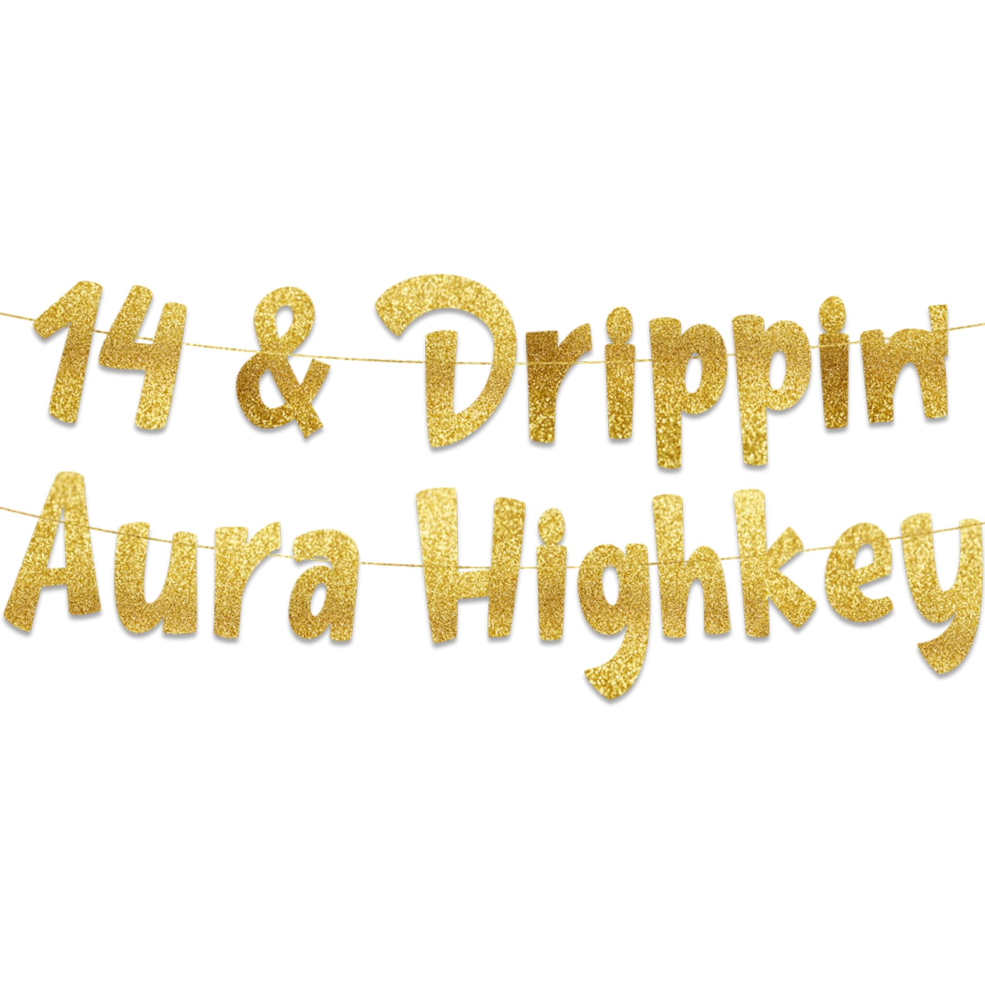 Pre-Strung 14 & Drippin Aura Highkey Gold Glitter Banner - Funny 14th Birthday Decorations for Teen Boys and Girls - Birthday Party Supplies, Bunting Gifts and Wall Decorations
