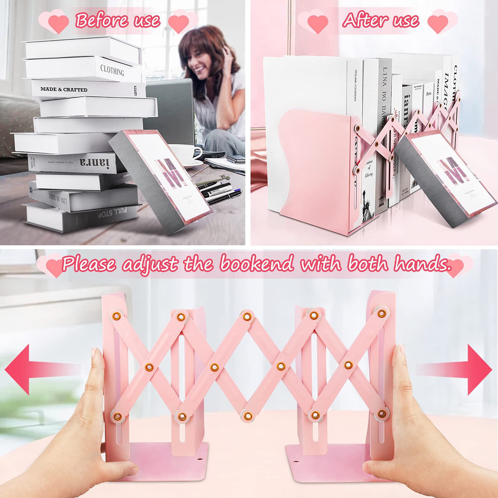 Sujetalibros antideslizantes para sostener libros, sujetalibros ajustables resistentes, sujetalibros de metal para estantes, organizador de libros rosa para escritorio, se extiende hasta 19