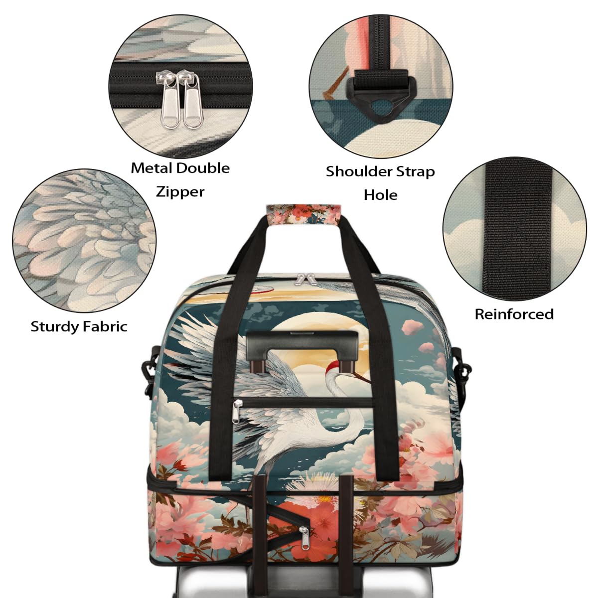 Borsone da viaggio pieghevole da viaggio con gru con corona rossa, borsa da palestra espandibile con scomparto per scarpe, borsa da weekend di grande capacità, borsa da viaggio per viaggi, sport