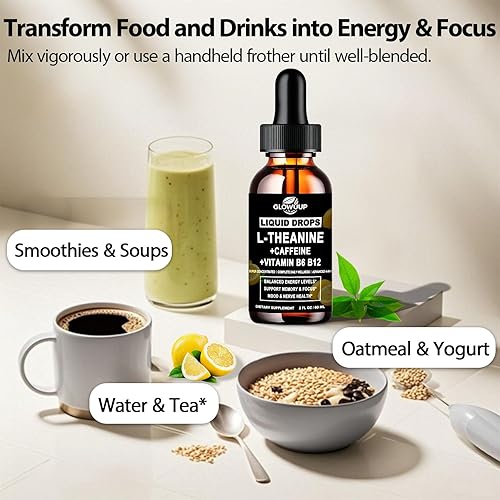 Miniatura 6 de Paquete de 2 gotas líquidas de cafeína L teanina para mujeres y hombres, cafeína energética con L-teanina 100 mg de vitamina B12 B6, suplemento
