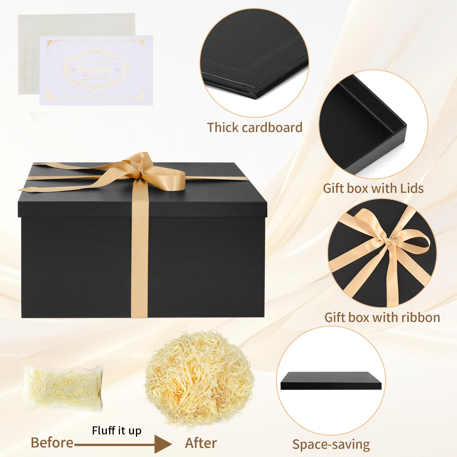 Boîte Cadeau Noire Avec Couvercle – 38 X 28 X 19 Cm, Papier De Soie Déchiqueté, Cartes De Vœux, Pour Noël, Anniversaire, Mariage