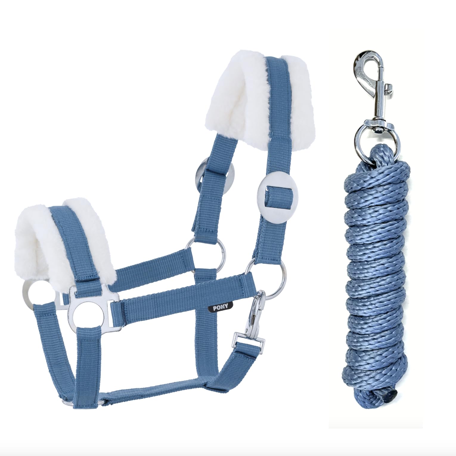 JA Horse JA4003 Faux Fur Halter Lead Rope Set with Snap Hook Adjustable Horse Halter Horse Wooden Horse Tie Rope (Faux Fur Snap Hook Blue, Cob)