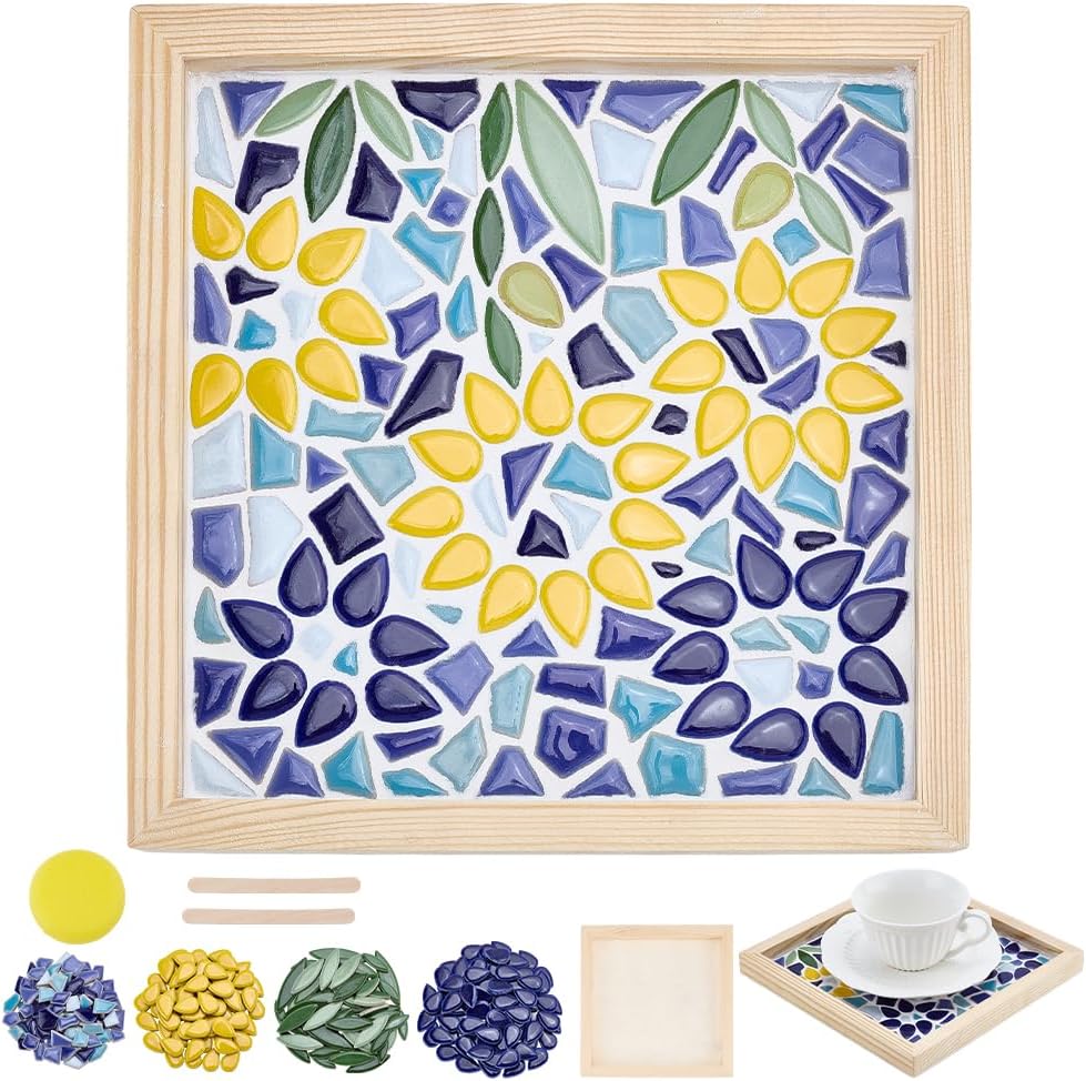 WEBEEDY DIY Mosaic Tiles Craft Kit with Square Wooden Tray for Adults, Ceramic Mosaic Starter Kit with Instruction for Beginners Art Craft Kits Home Decor Housewarming Christmas Birthday Gift,8x8 inch