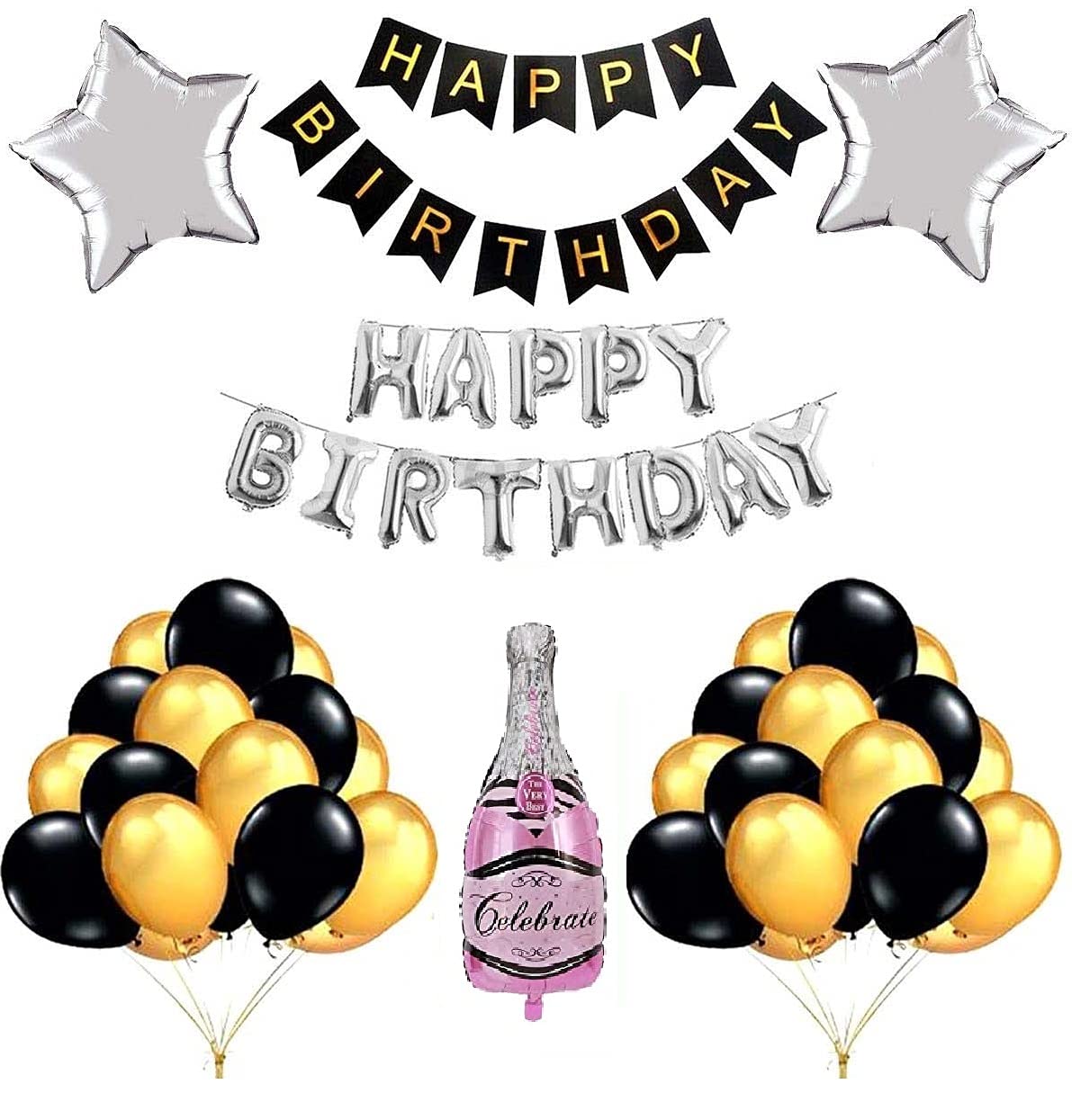 WEBBLE Birthday Decorations Items Combo Set - 67Pcs Kit with Banner, Celebrate Foil Bottle, Metallic Balloons - Happy Birthday Decoration Kit For Girls/Unicorn Birthday