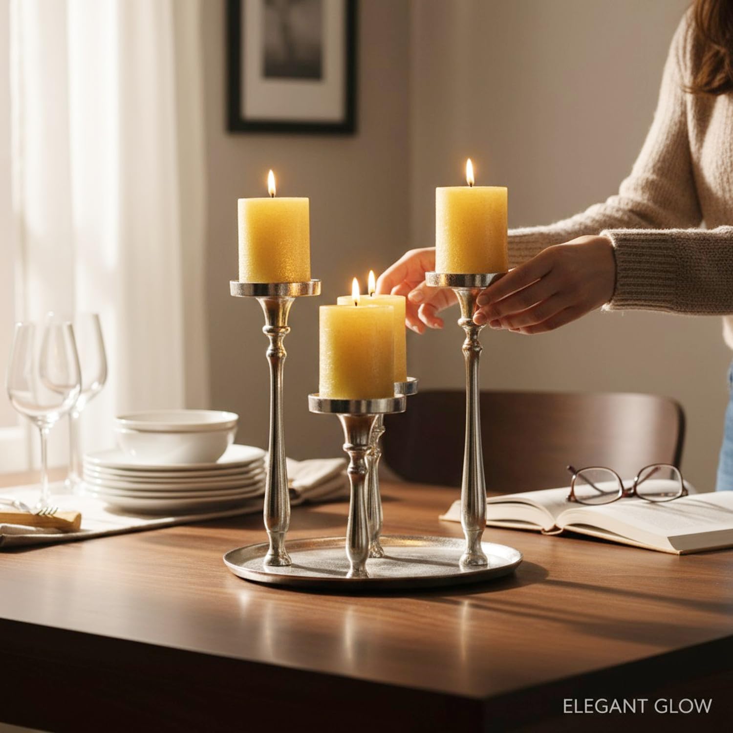MACOSA GW10033776 Adventskranz Silber Metall 29 cm modern Elegantes Adventsgesteck 4 Kerzenhalter Tischdekoration Advent Weihnachtsdeko Metallkranz