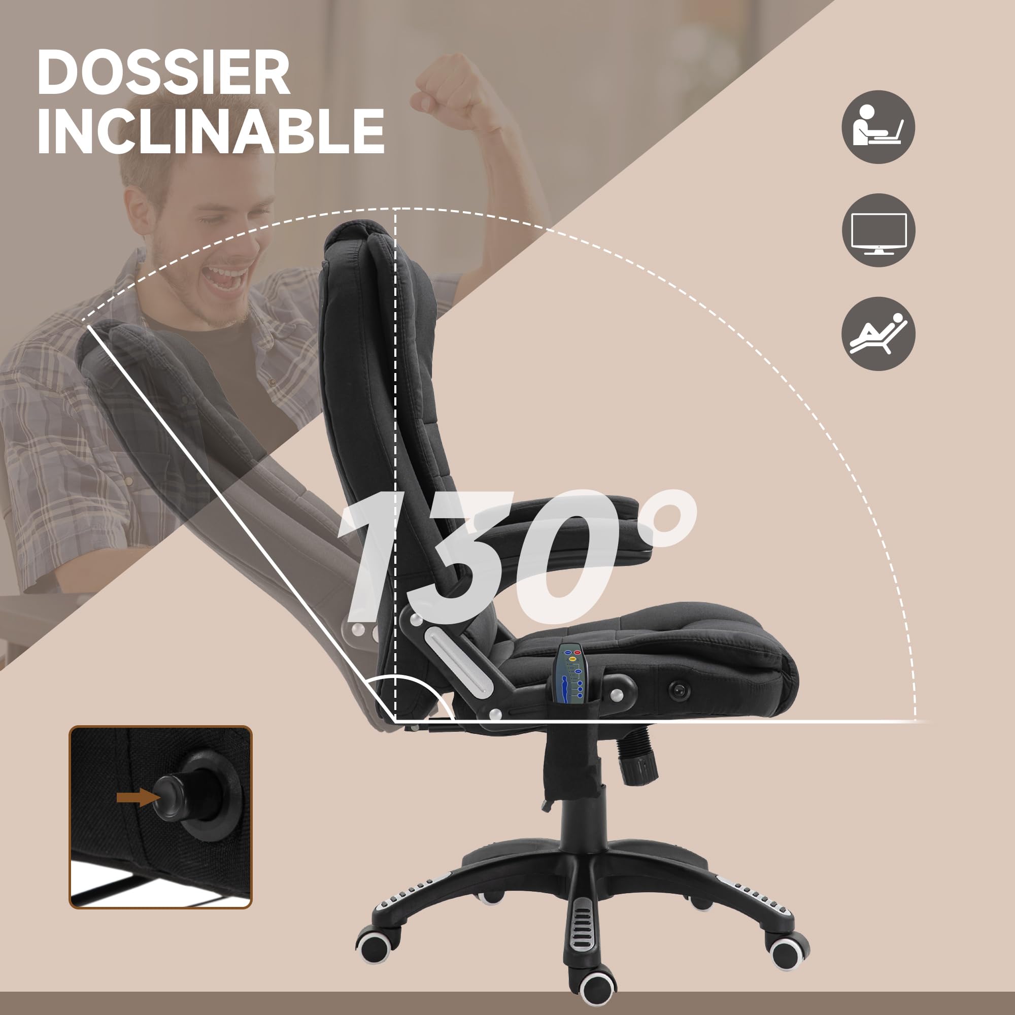 Vinsetto Fauteuil de Bureau massant et Chauffant, Chaise de Bureau, Chaise Ergonomique avec Hauteur réglable, Dossier inclinable et télécommande Filaire, pivotant à 360° Tissu en Polyester Noir