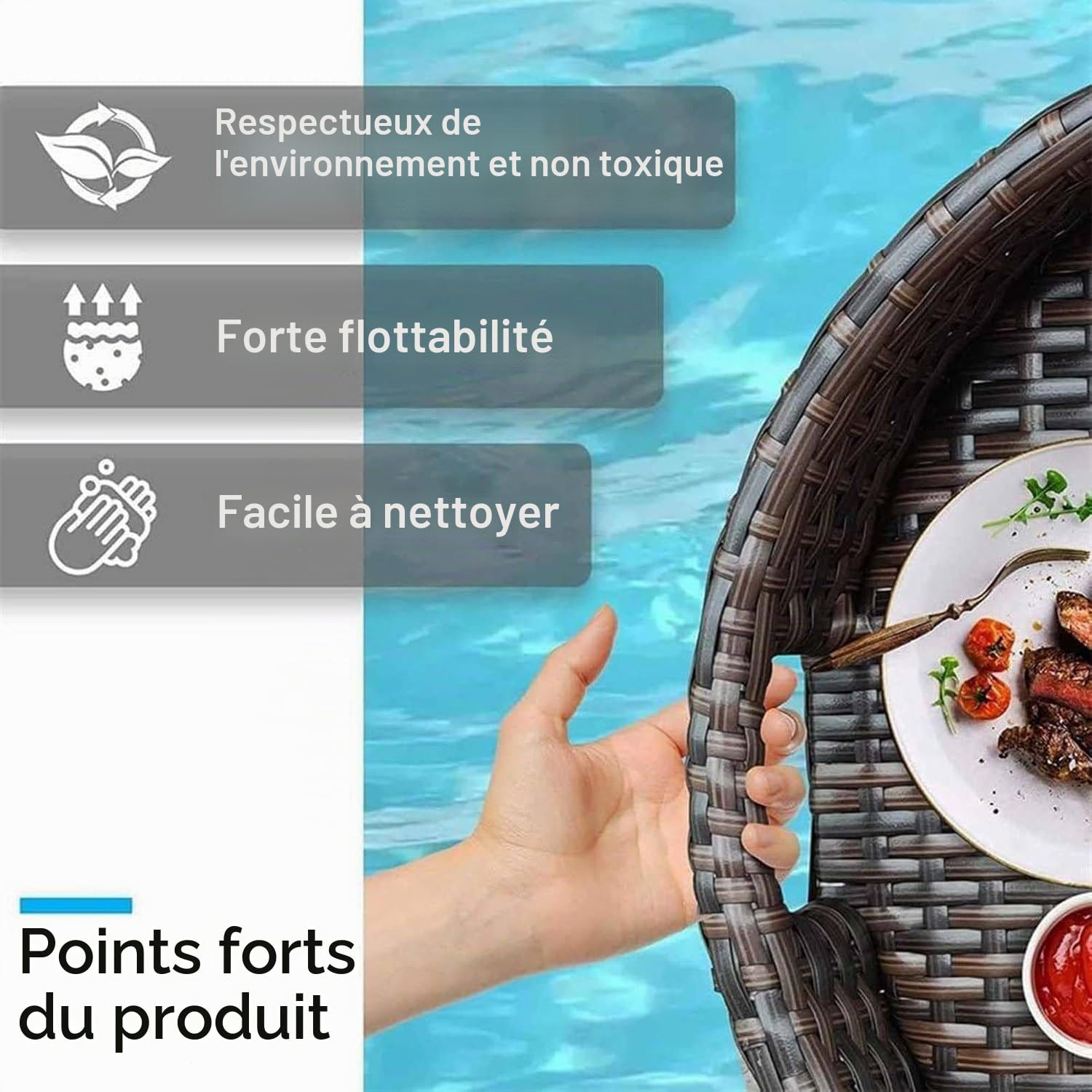 Plateau de Piscine en rotin, Table de Bar à Plateau Flottant, Plateau Flottant de Piscine pour Nourriture, Boissons et collations, adapté aux fêtes de Piscine et aux Loisirs RoundCoffee-24in