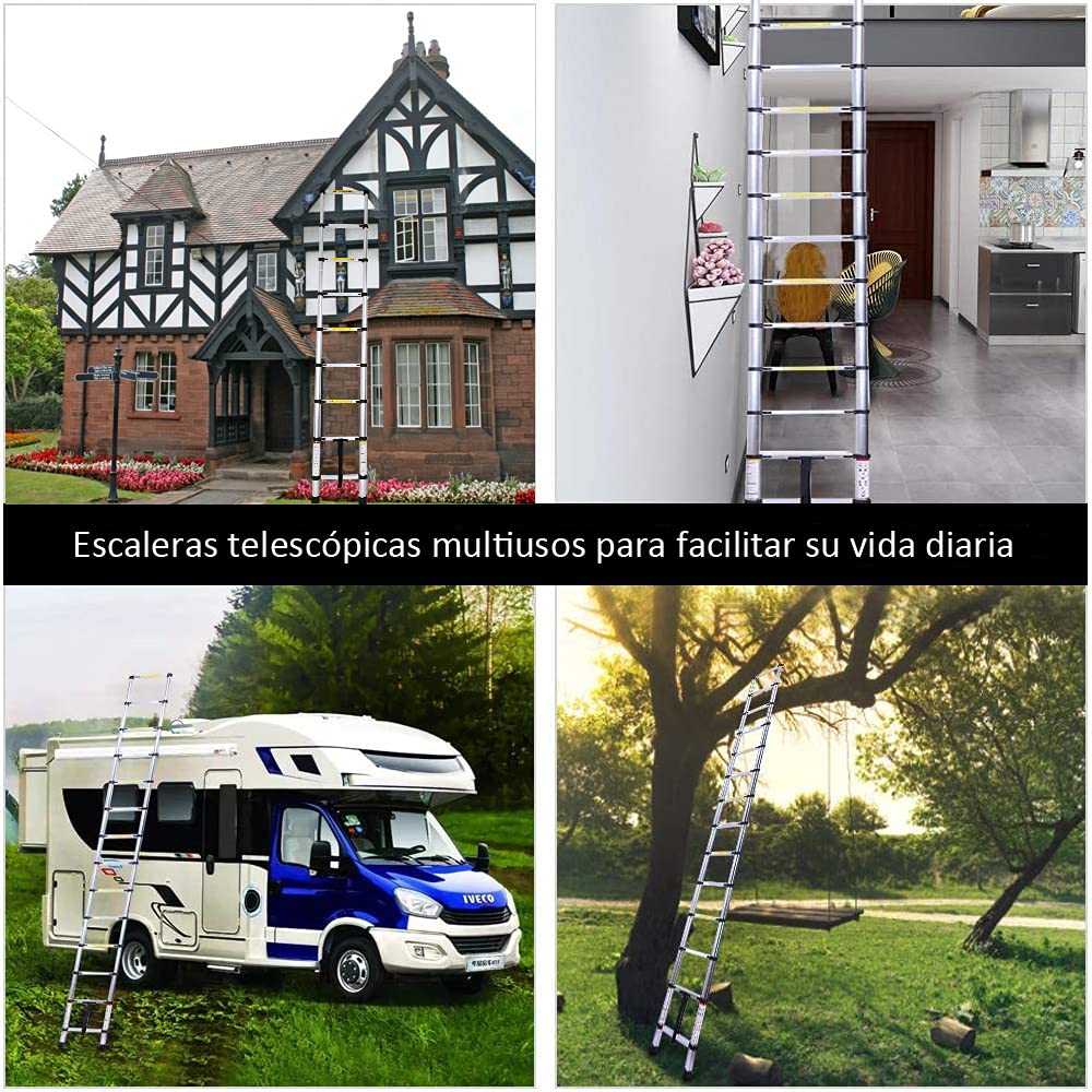 Teleskopleiter aus Aluminium, ausziehbar und zusammenklappbar, kompakt, leicht, tragbar und rutschfest, ideal für Zuhause, Profi, Renovierung, Garten, Werkstatt, Höhen und Lagerung