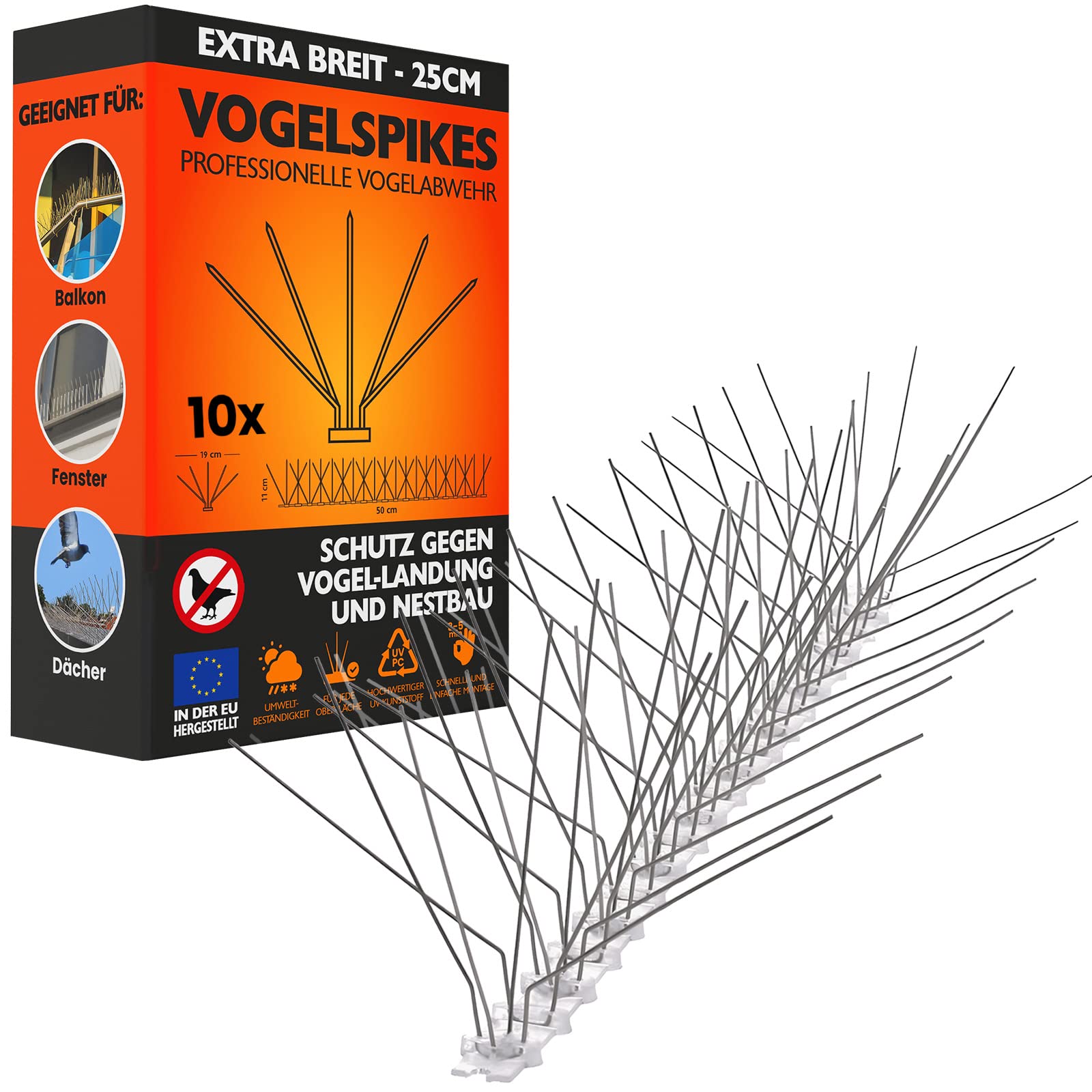 Konzept 11 - Dissuasore per uccelli in acciaio inox contro piccioni, passeri, merli, martore, gatti – repellente per balcone, davanzale, giardino – adatto agli animali, set da 10 pezzi, 5 file