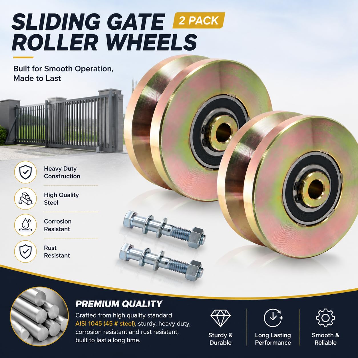 Goaste 2 Pack 4" Solid Slide V Groove Wheels, Heavy Duty Sliding Gate Casters, 1-3/4" Width Rolling Gate Wheels with Screw & Double Bearings for Industrial Machines Rail, Load Capacity 1000 Lbs — Amazon image 5