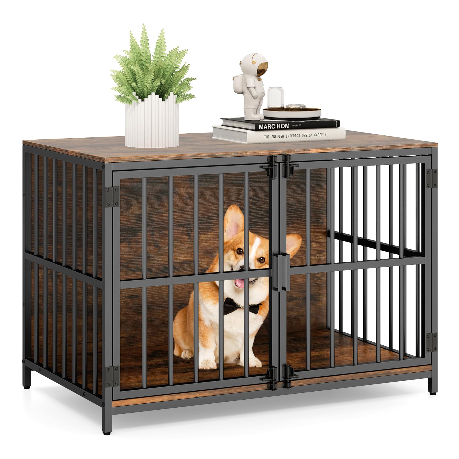 COSTWAY Dog Crate Furniture, Wooden Indoor Dog Kennel with Lockable Double Doors, Heavy-duty Pet Cage Side End Table for Small & Medium Sized Dogs, 100 x 60 x 70cm (Rustic Brown)
