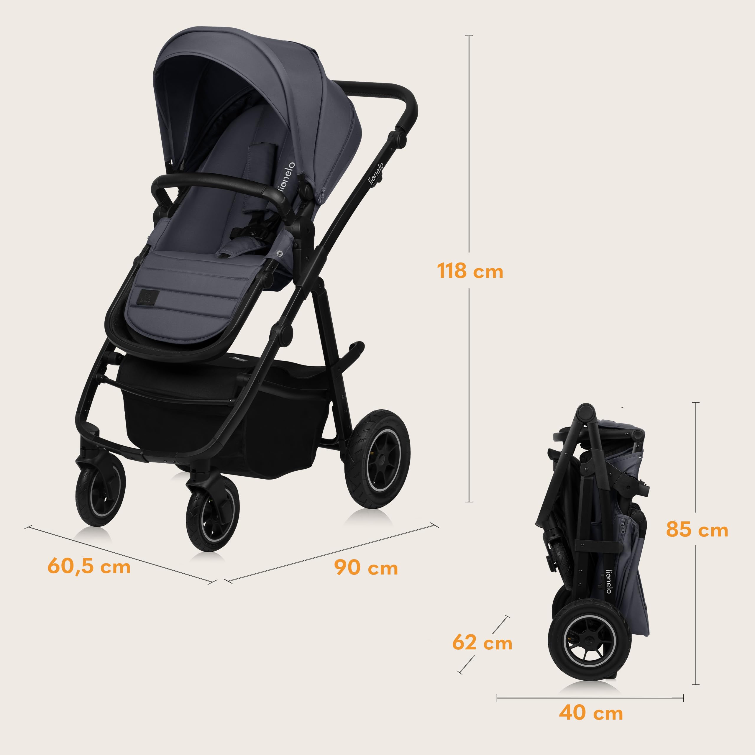 LIONELO AMBER PLUS 3-in-1 Multifunktionaler Kinderwagen von 0 bis 4 Jahren bis 22 kg mit XL-Babywanne, Kindersitz bis 13 kg, verstellbare Rückenlehne, große 360o Geländeräder, XXL-Verdeck