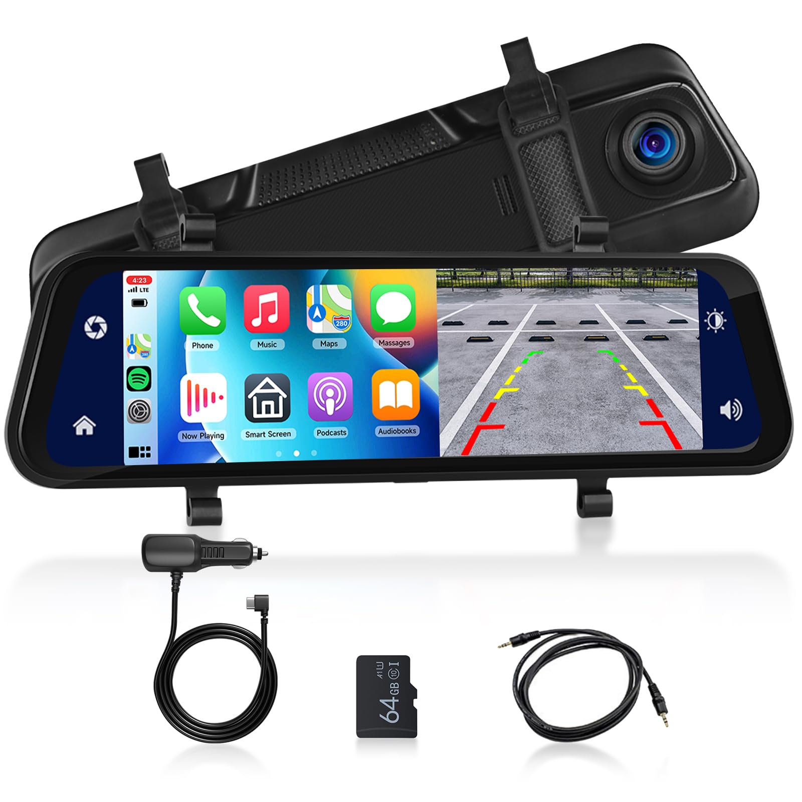 9.66‘’ 1080P Dashcam Rétroviseur avec Carplay & Android Auto, Caméra Embarquée 1080p, Carte TF 64 Go, Enregistrement 24h/24, WDR, Vision Nocturne, Commande Vocale
