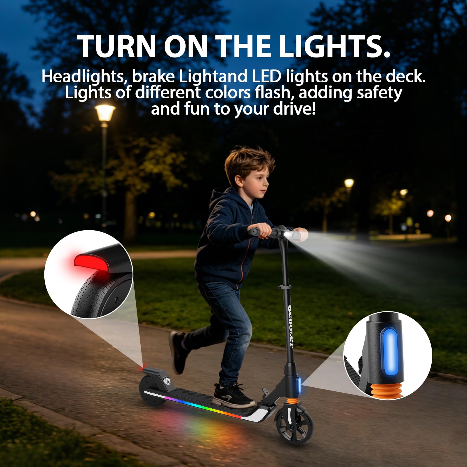 Trottinette Electrique Enfant, pour Enfants 8-16, 200W, Réglable en Hauteur, Max 20 km/h, Double Frein, Amortisseur Avant, Lumières LED Colorées, Affichage LED, Pliable et Légère.