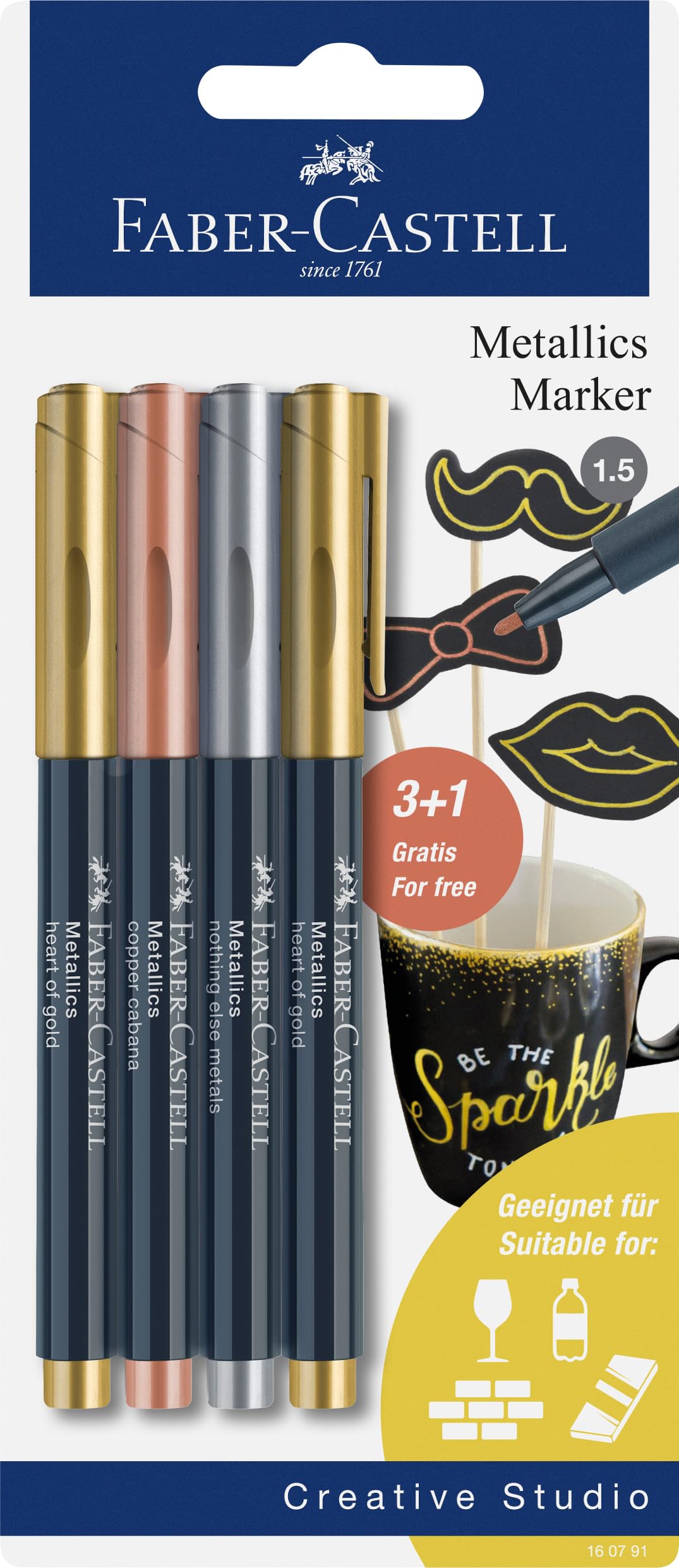Faber-Castell 160791 Metallics - Juego de rotuladores (4 unidades, 1,5 mm de ancho, apto para muchas superficies, efecto metálico)