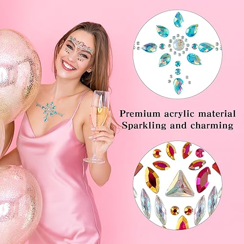 Miniatura 5 de Allruyee 4 juegos de joyas para la cara, gemas de sirena con purpurina de cristal, calcomanías de cristal impermeables para ojos, tatuajes