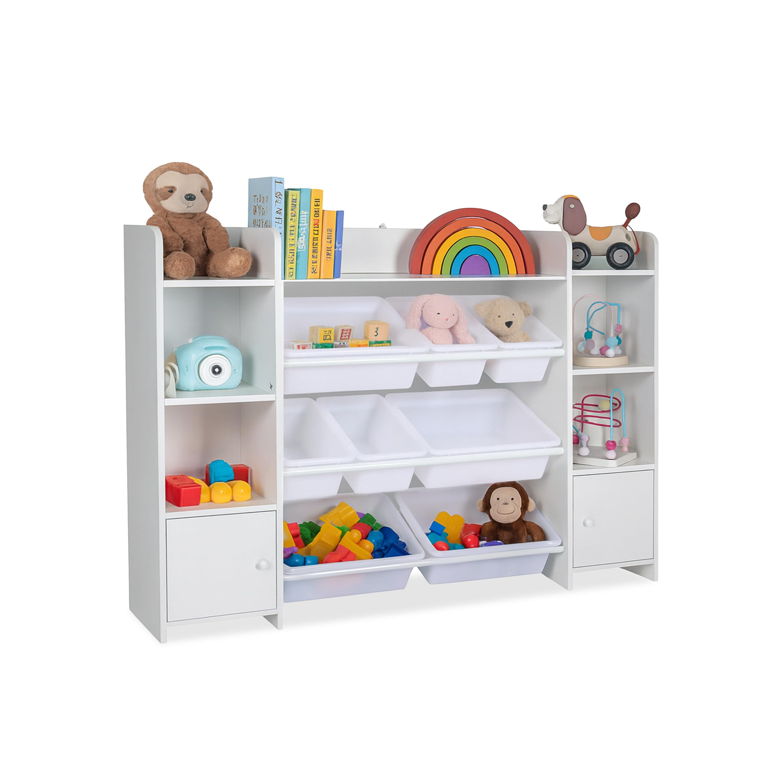 Relaxdays Scaffale Libreria per Bambini, 8 Scatole Portagiochi e Ripiani per Libri, HLP: 94x139x30 cm, MDF e PE, Bianco