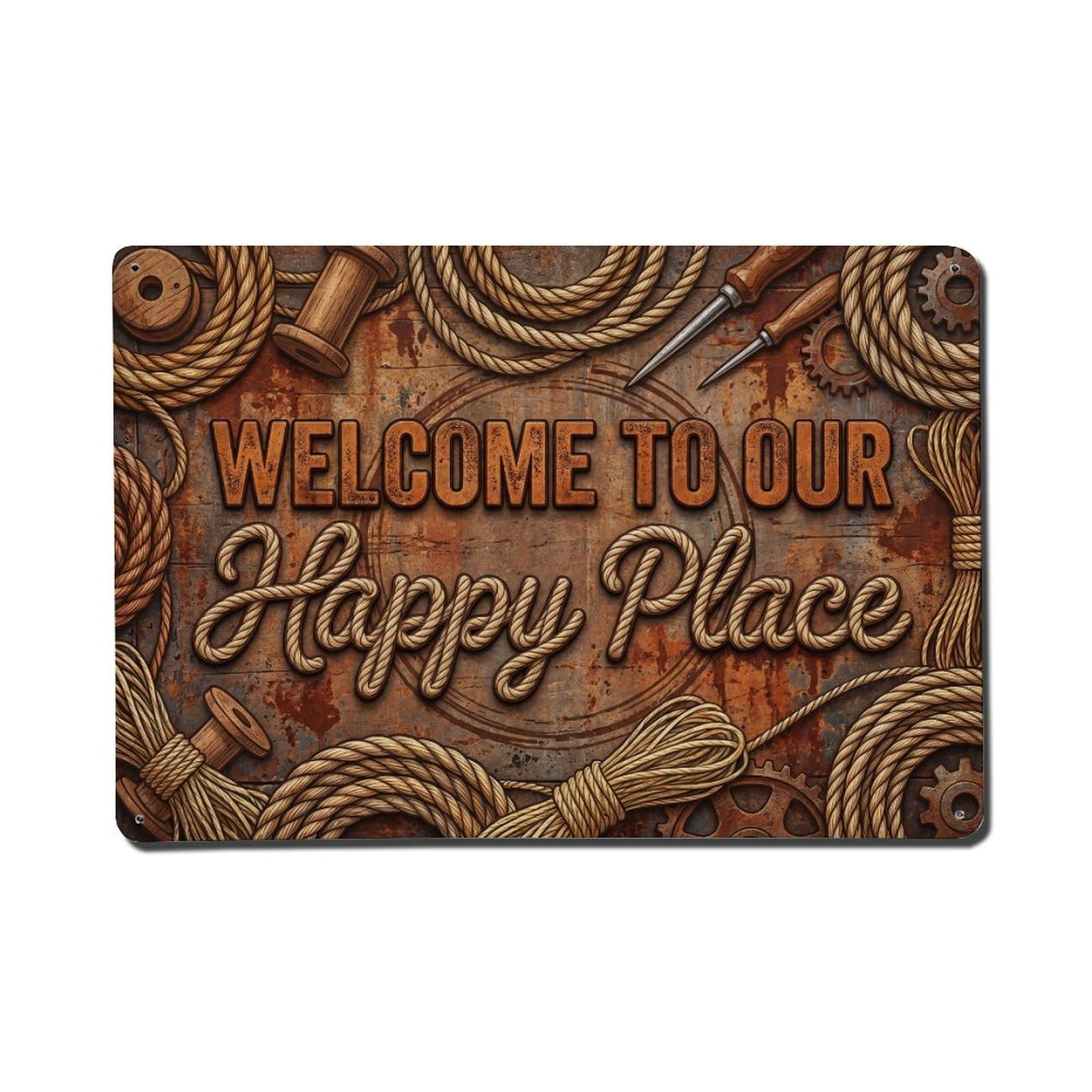 Welcome To Our Happy Place Vintage Rope Maker Workshop Metal Tin Sign Plaque Wall Decor for Cafe, Club Bar, Office, Home Garden Metal Poster 8x12Inch