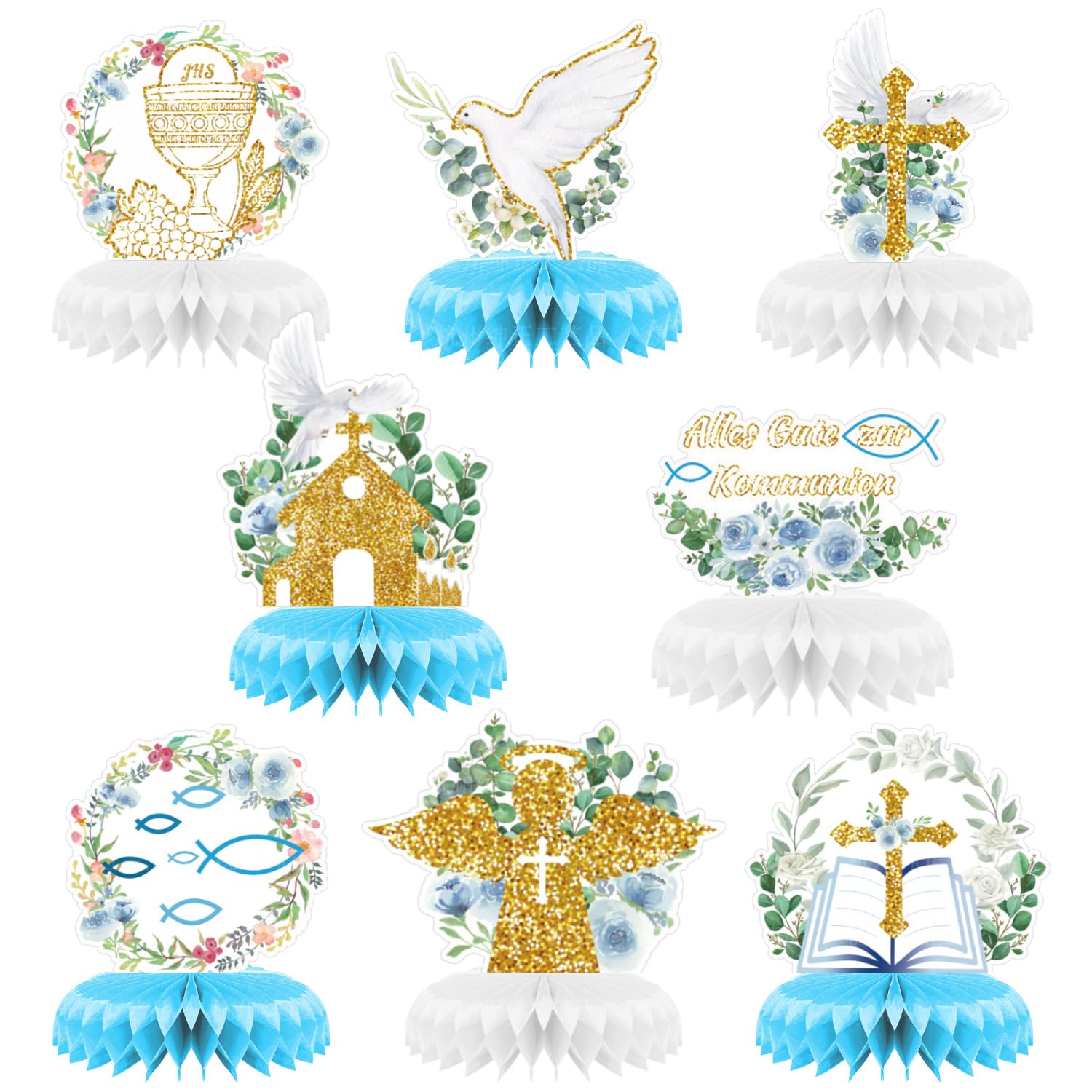 8 PCS Baptism Decorations First Holy Communion Honeycomb Centerpieces Eucharist God Bless Table Topper Christening Cross Dove Decoration for Baby Shower Baptism Party Decor Religious Supplies