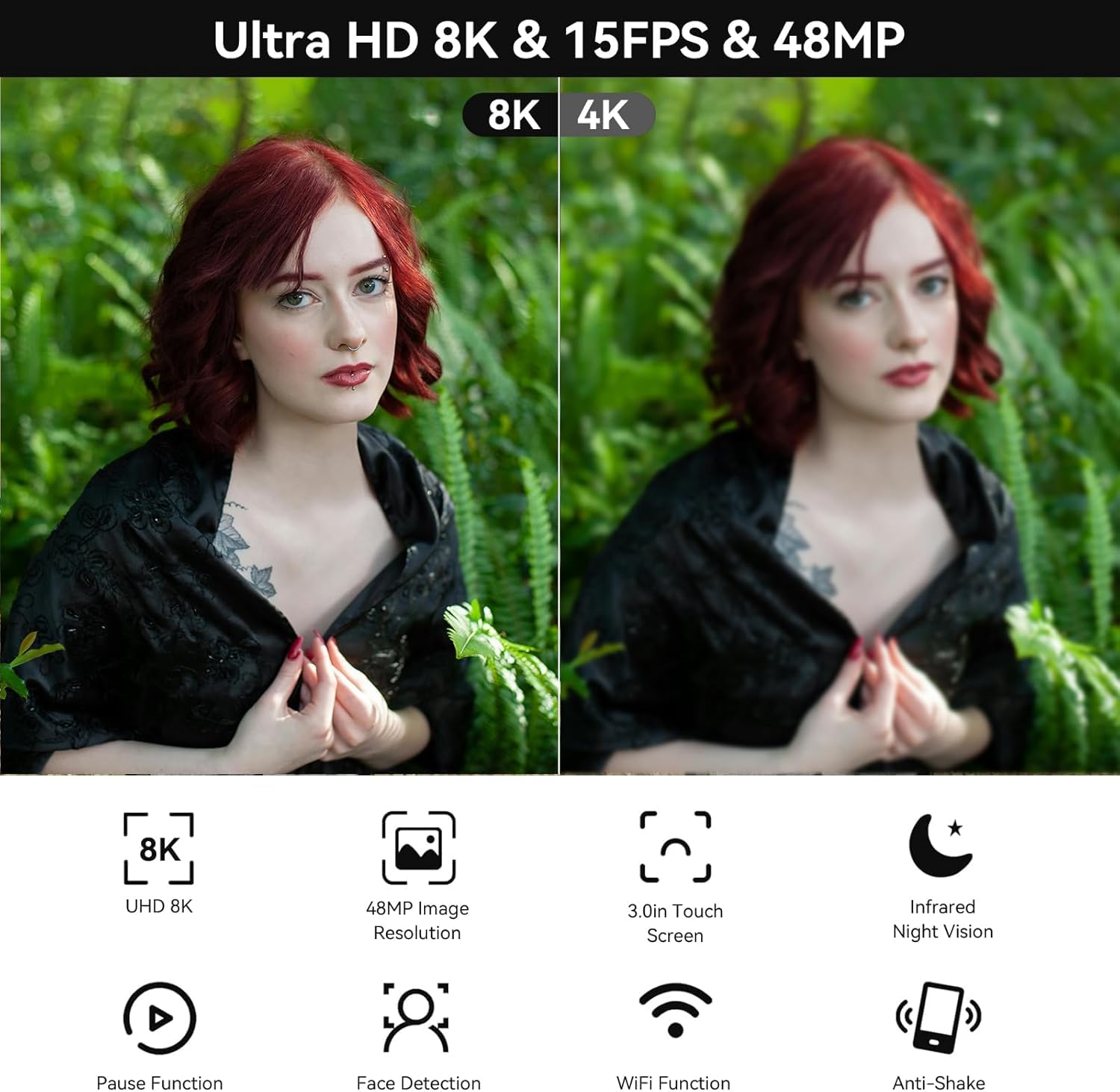 Videocamera, Videocamera, videocamera 8K 48MP 15FPS UHD WiFi Vlogging Camera con visione notturna IR for YouTube, touch screen da 3" Zoom digitale 18X
