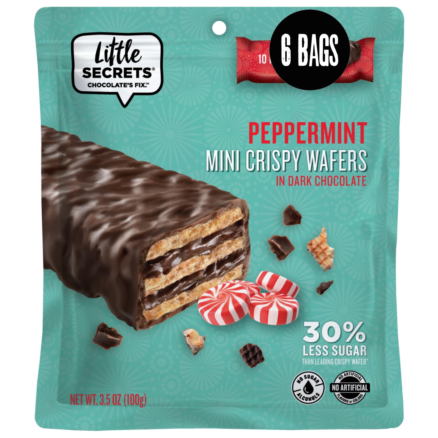 Little Secerets Dark Chocolate Peppermint Waferss | 60 Minis | Made in Europe | Nothing Artificial & No Sugar Alcohols | Sustainable Cocoa | 3.5 Ounce, Pack of 6