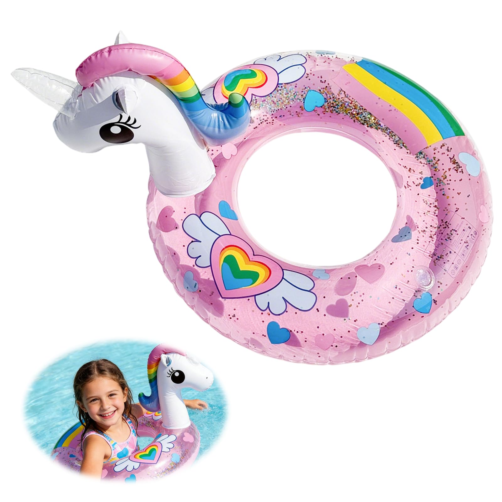 Falafoty Unicorn Inflatable Float Ring for Kids, Glitter Swim Ring Inflatable Pool Float,Kids Inflatable Float Raft Pool Accessories,Summer Outdoor Beach Pool Party Water Sport Toy (Color Horse 70)