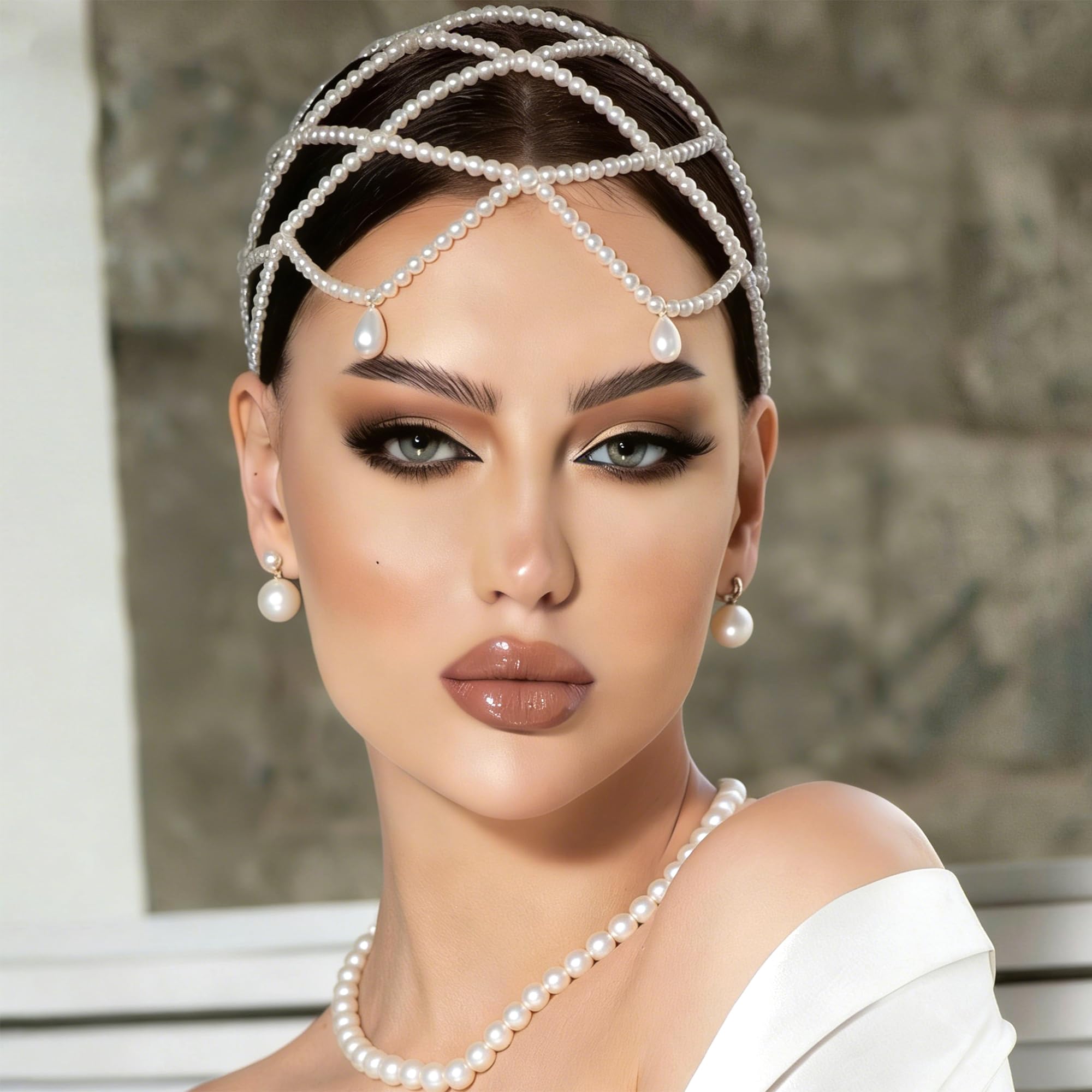 Wedding Pearl Head Chain White Tassel Pearl Hair Cap Pearls Mesh Head Chain