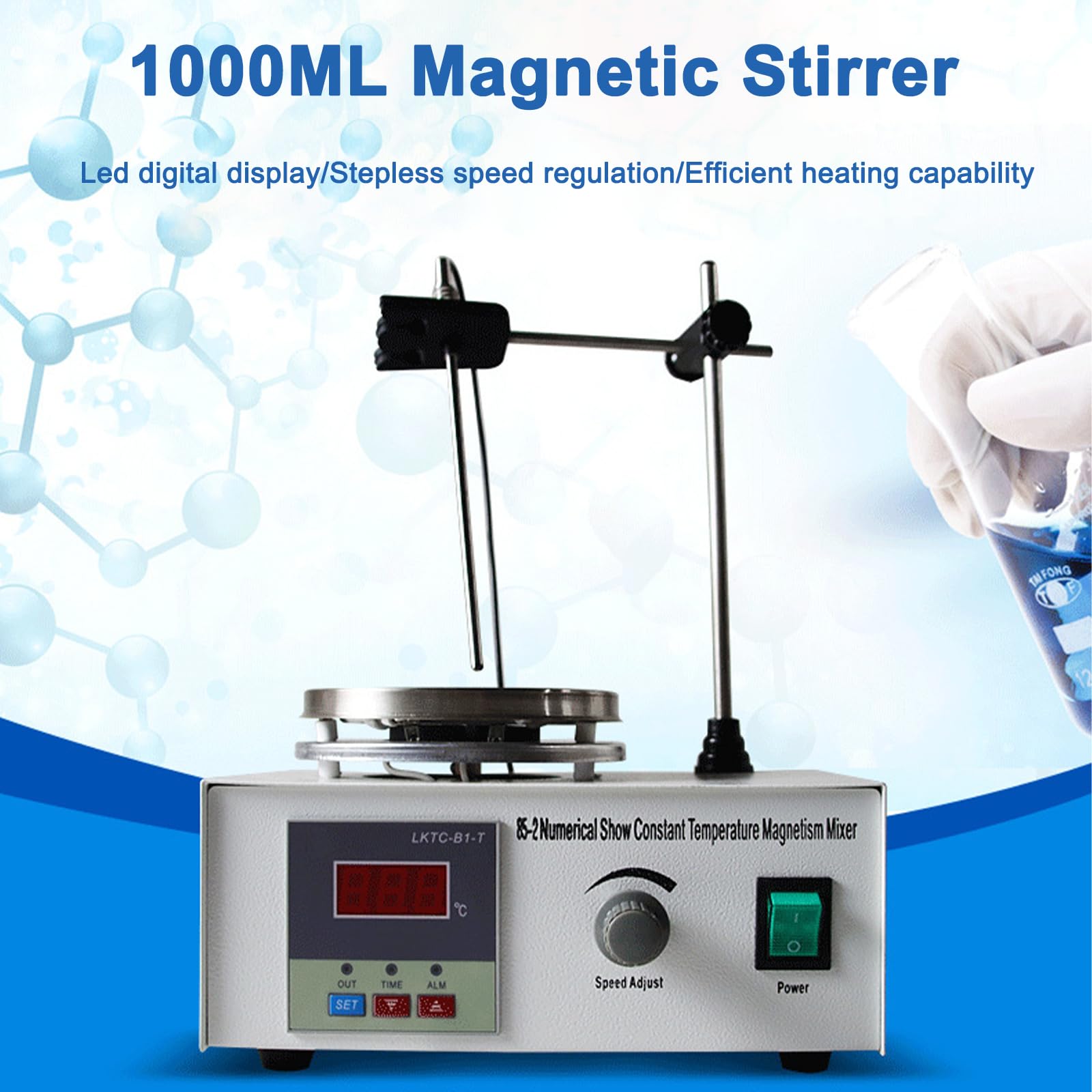 Mieszadło magnetyczne o pojemności 1000 ml, laboratoryjny mikser z płytą grzejną z cyfrowym wyświetlaczem LED, 1 mieszadłem / 1 czujnikiem temperatury, 0-2400 obr./min Bezstopniowa regulacja