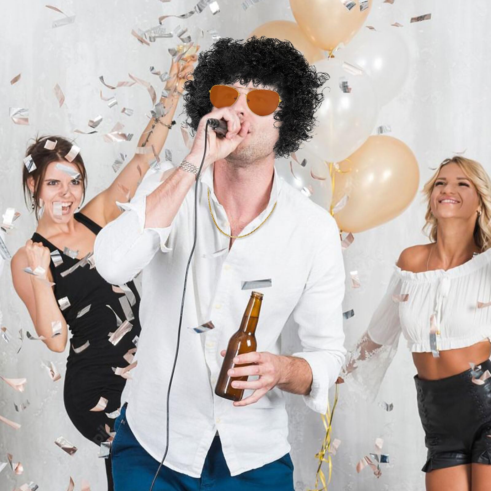 morvally Afro Perücke Schwarz 70er Jahre für Herren mit Kette für Brille und Schnurrbart Lockige Perücke für Disco-Kostüm 70er Jahre Hippie Rocker
