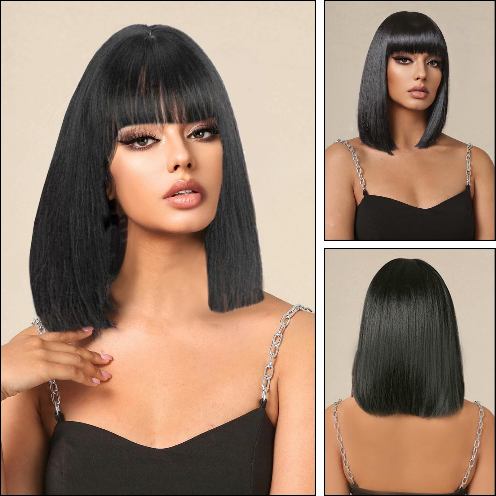 KEYRI Parrucche Donna 12 Breve Bob con Frangetta Liscio Sintetico Fibre Nero Parrucca Shoulder Lunghe Capelli per Ragazza Costume Carnevale Cosplay Festa