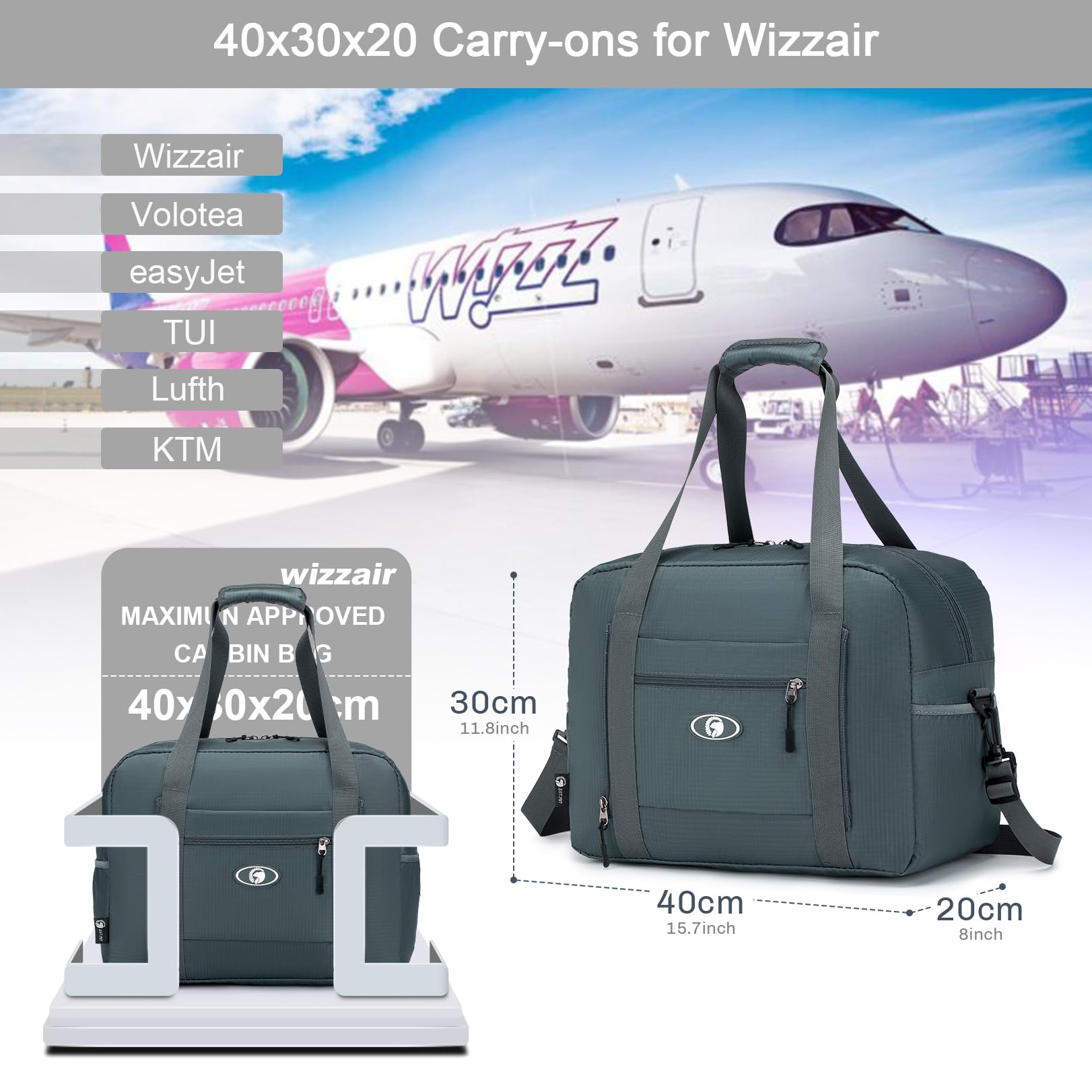BAGZY Torba Ryanair 40x30x20 Wizz Air Składana Torba Podróżna 25L dla Mężczyzn i Kobiet Bagażs Ręczny Samolot Torebka Wodoodporna Sportowa Bagażs na Rękę Walizka dla Weekender Szpital Kabina Torebki