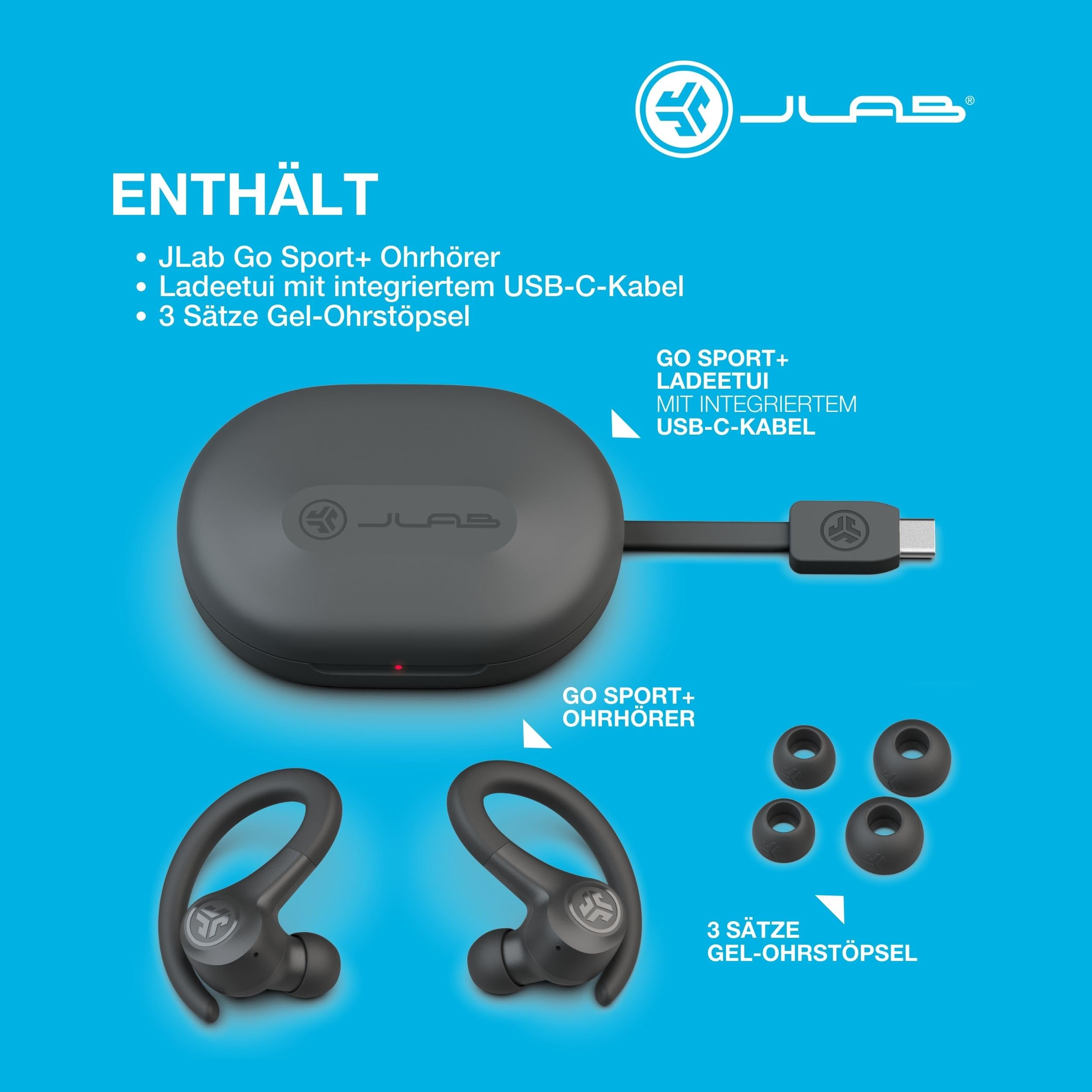 JLab Go Air Sport+ Kopfhörer Bluetooth, Sportkopfhörer 35+ Std., True Wireless In Ear Kopfhörer kabellos für Läufer, Joggen, IP55-schweißresistent, USB-C Ladecase, Be Aware-Modus, Graphit
