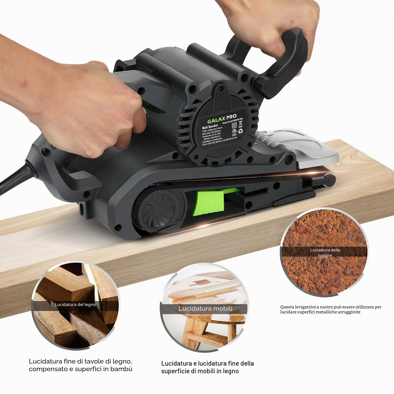 GALAX PRO Levigatrice a nastro con regolazione del numero di giri e attacco per aspirapolvere, 1010 W, con superficie di levigatura da 533x76 mm
