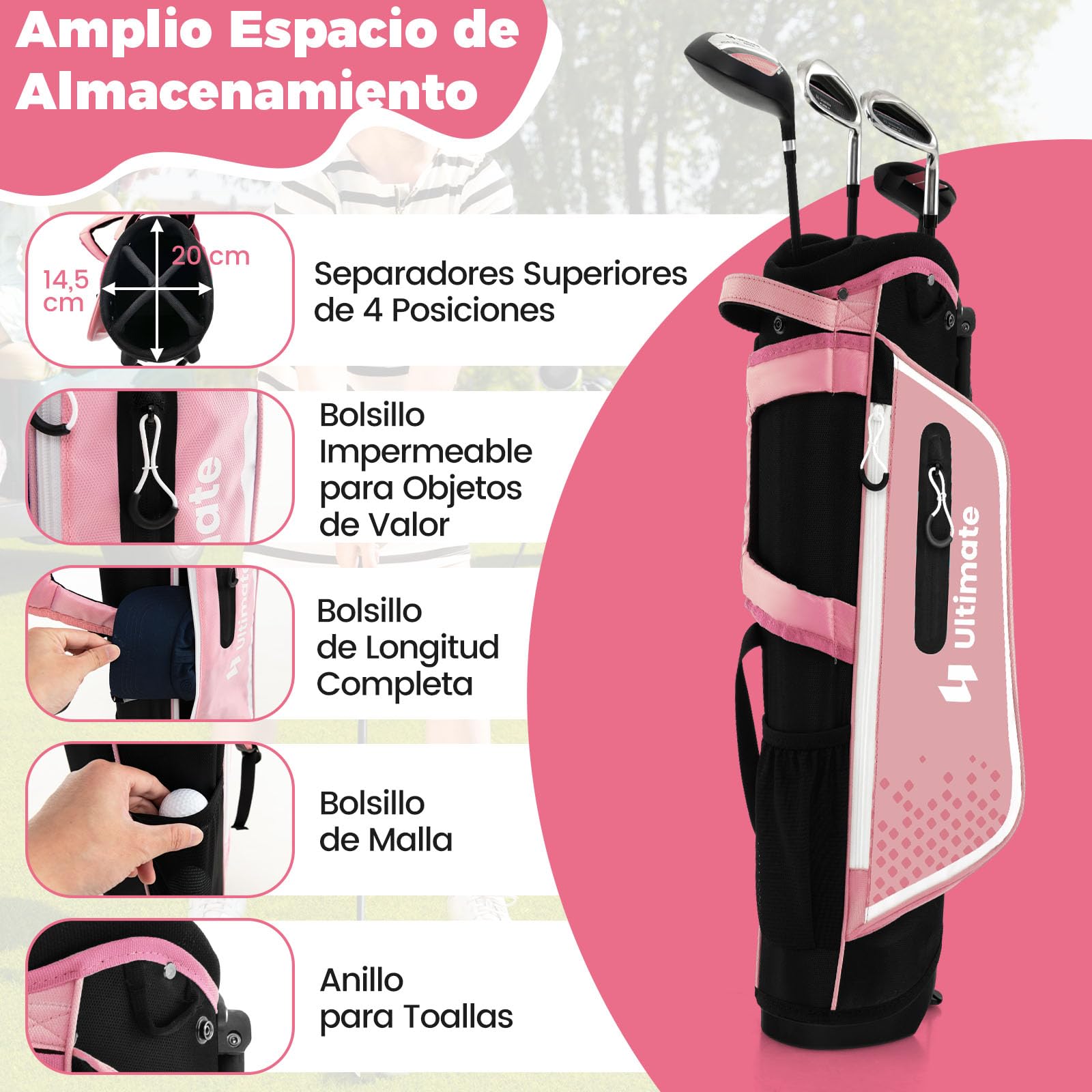 GYMAX Juego Completo de Palos de Golf para Niños de 11 a 13 Años, Incluye Bolsa de Golf, Funda para la Lluvia, Madera N.° 1, Híbrido N.° 5, Hierros N.° 7 N.° 9 N.° S, Putter