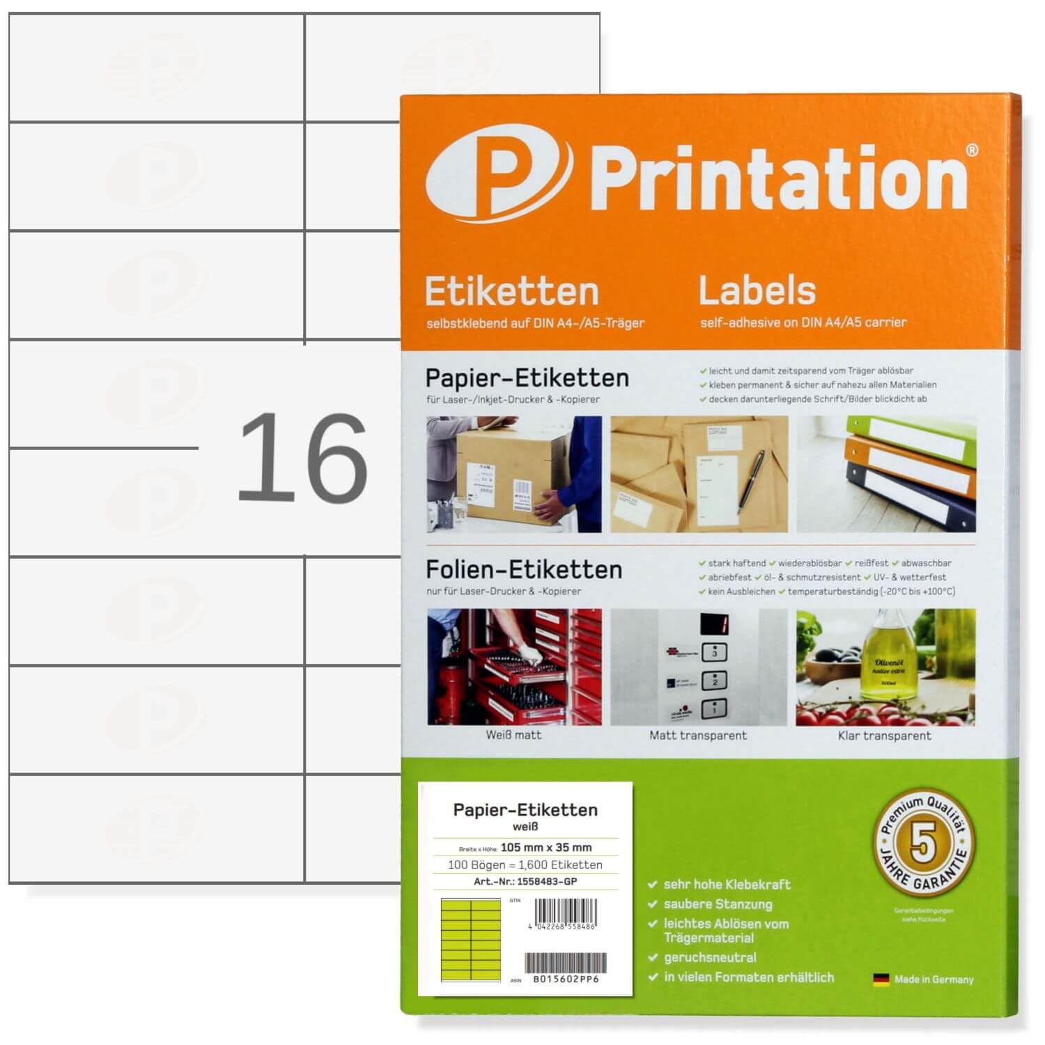 Printation Étiquettes universelles 105 x 35 mm autocollantes blanches – 1600 étiquettes d'adresse autocollantes imprimables sur