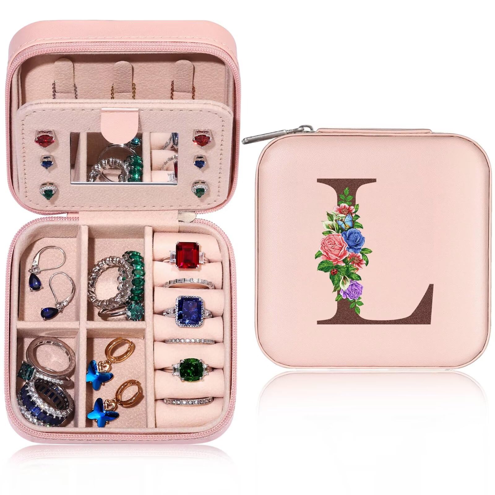 TINGN TINGN Joyero para mujer de viaje con nombre inicial L, pequeño joyero para mujer y niña, regalo para cumpleaños, Navidad, día de la madre, boda
