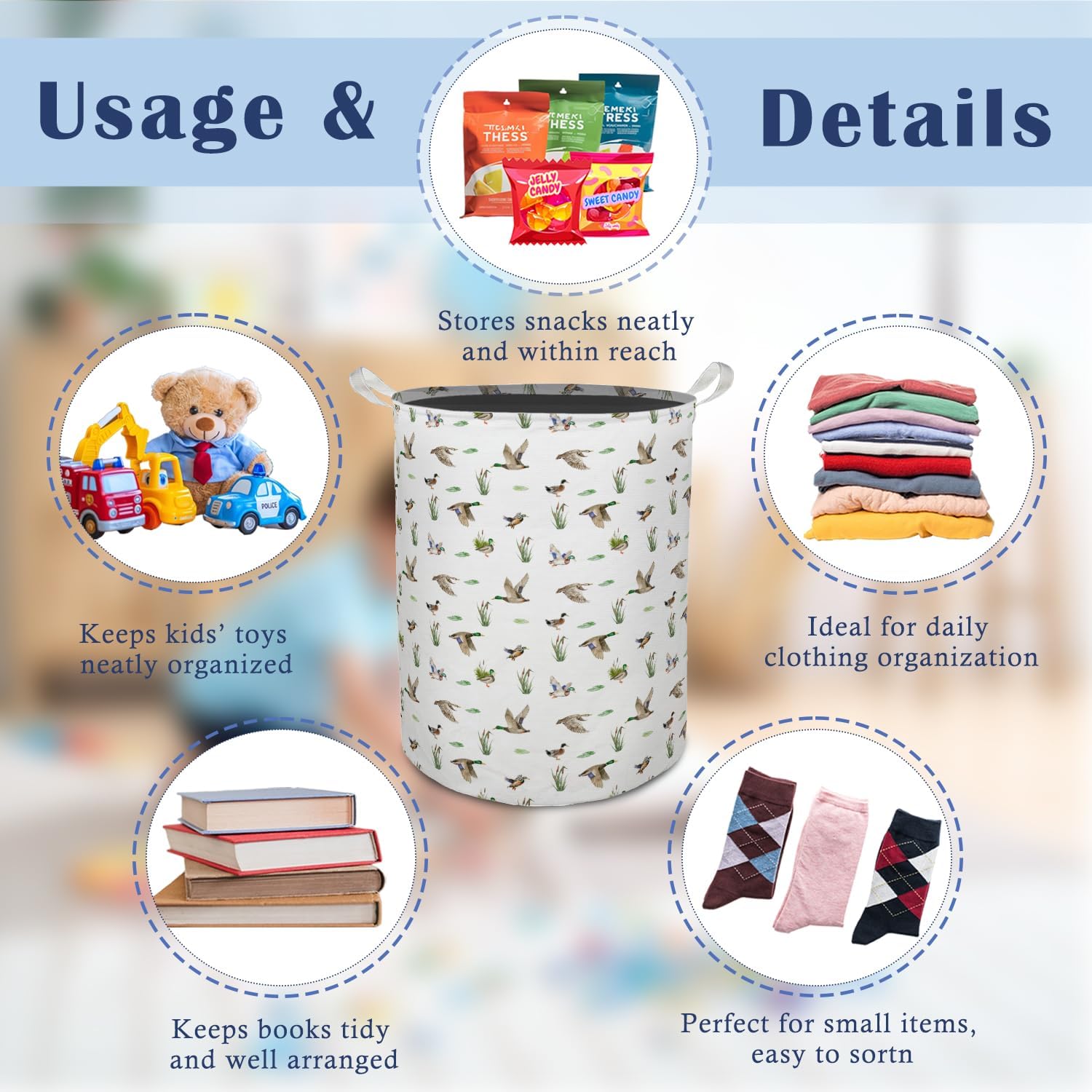 Rustic Mallard Duck Laundry Basket Hamper, Mallard Duck Nursery Decor, Wild Flying Ducks Foldable Clothes Toys Books Storage Box Bins Baskets Organizer for Kids Boys Bedroom Bathroom