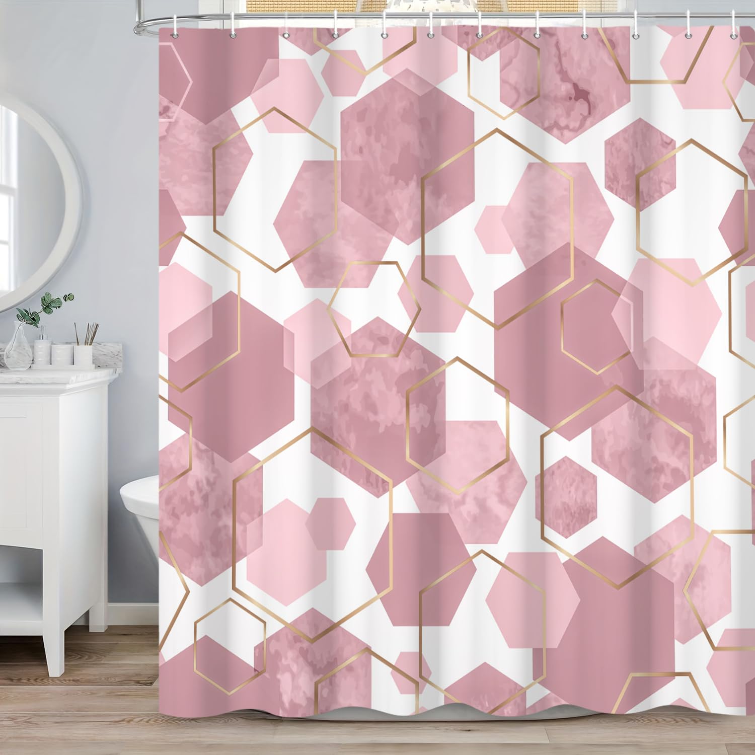 ASDCXZ Pink Duschvorhang 150x180 cm, Modern Abstract Art Geometric Pink Gold Hexagon Pattern Waterproof Bath Curtain Polyester Textile Washable Shower Curtains for Bathtub with 10 Hooks