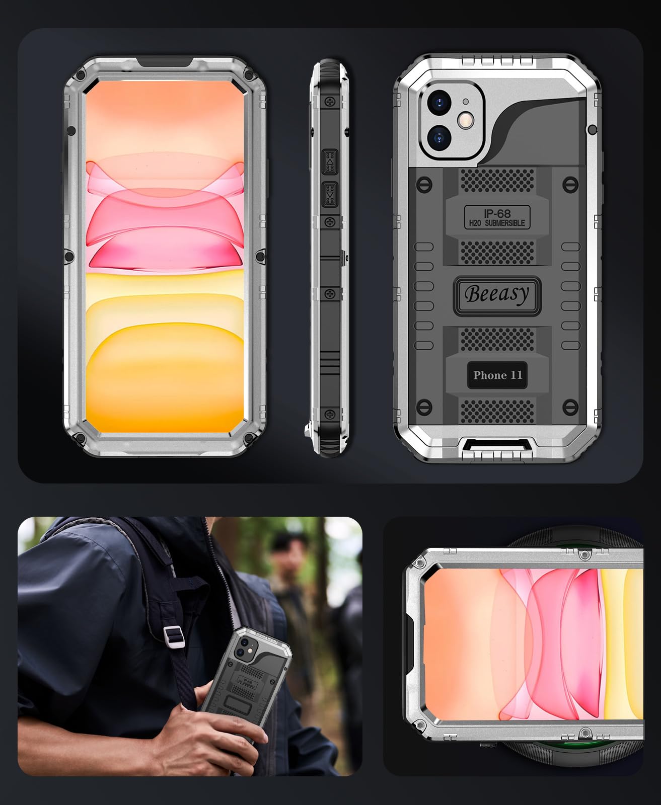 Beeasy Funda para iPhone 11 Impermeable Antigolpes Militar Metálica - IP68 Waterproof Agua Sumergible Acuatica, 360 Grado Completa Protectora, Irrompible Resistente Armor Carcasa, Plateado